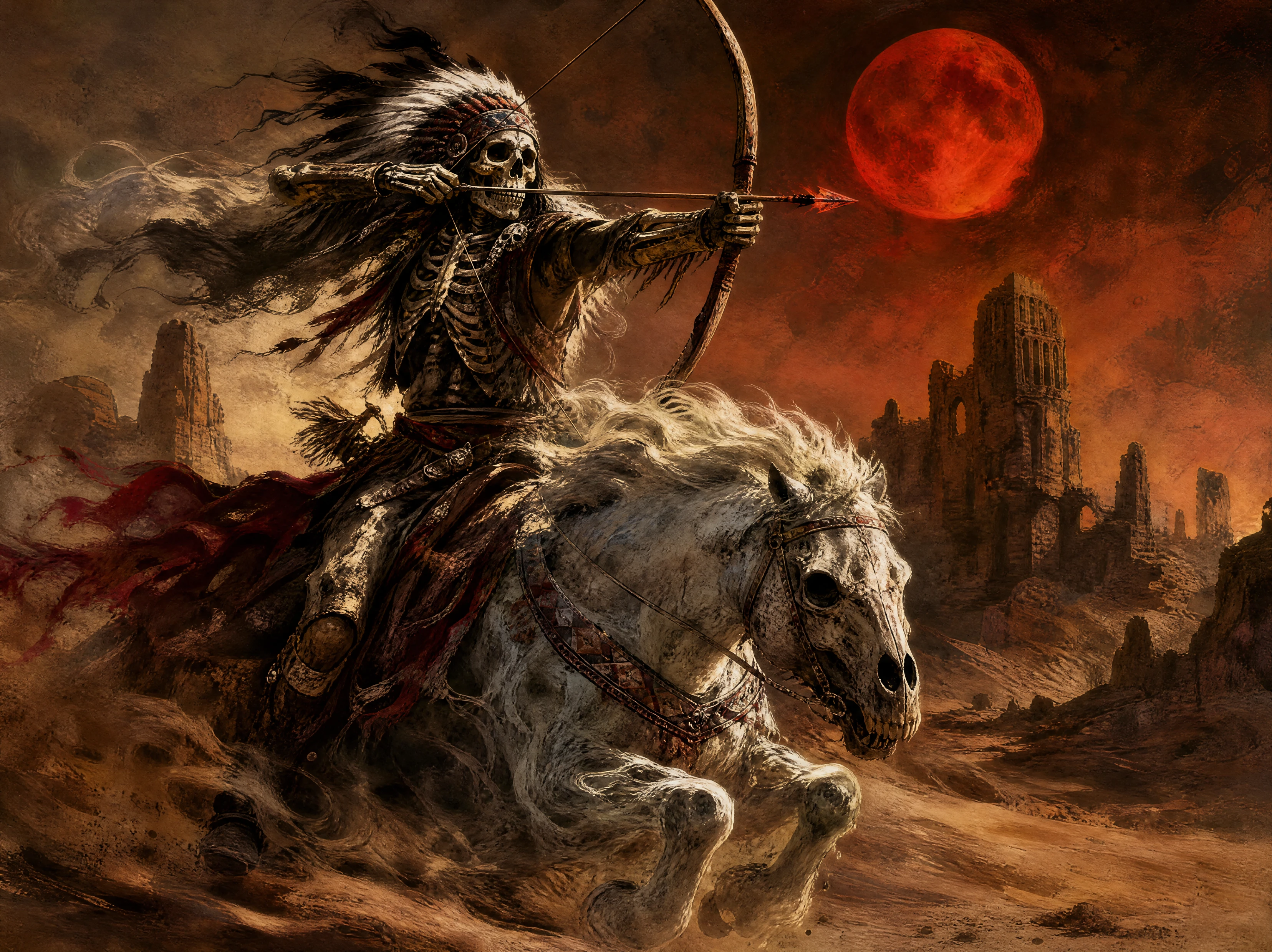 Guerrier squelettique chevauchant un cheval spectral sous une lune de sang