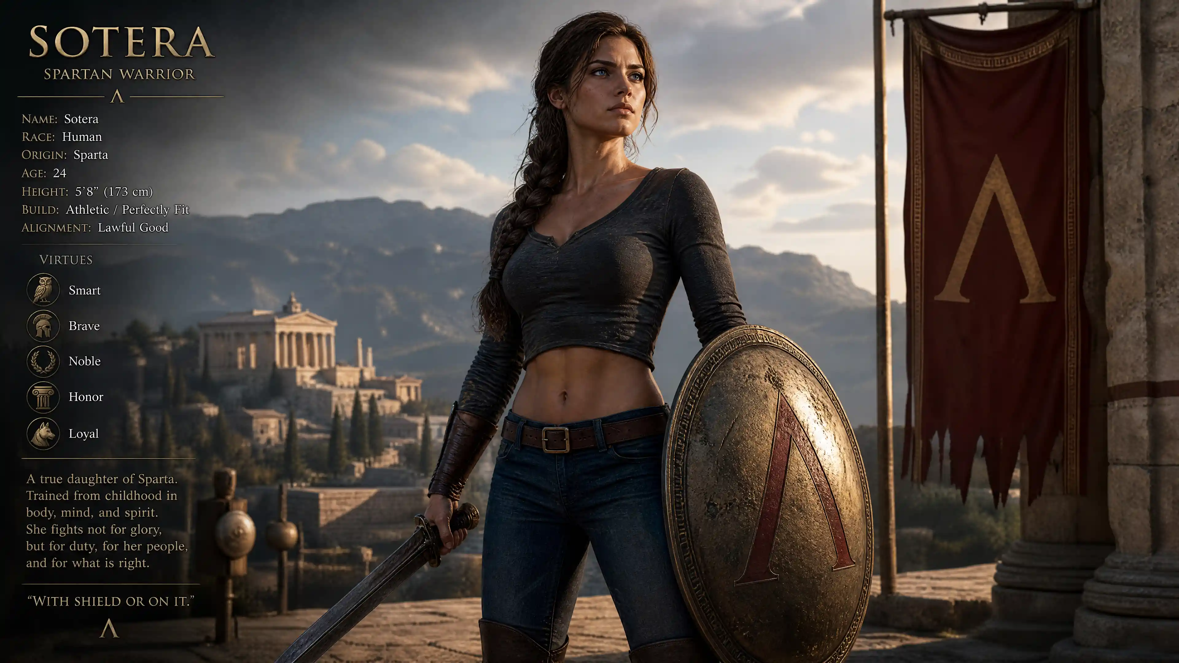 Brave female warrior in casual modern clothing