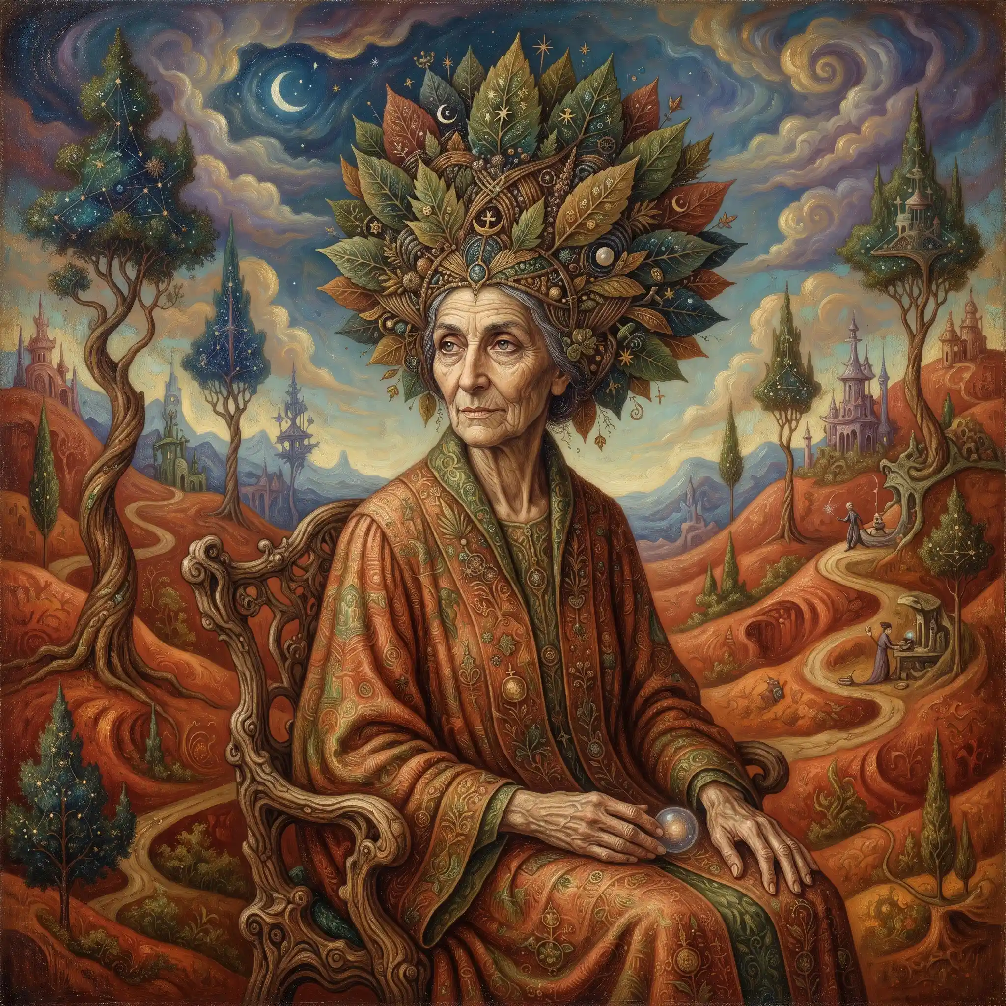 披著葉片頭飾的老婦人在超現實森林景觀中