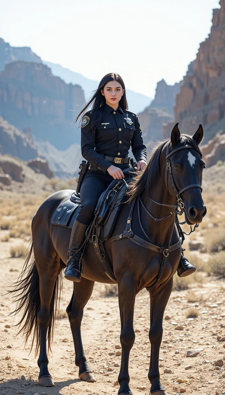 Woman deputy riding a black horse in desert canyon