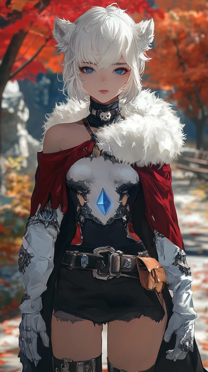 Anime girl warrior in fur cape before chained cave entrance
