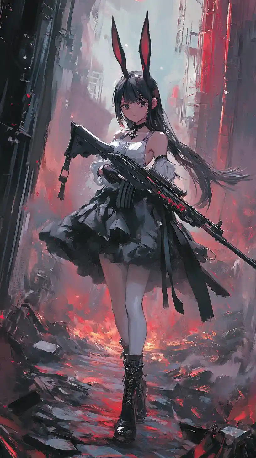 Ragazza anime che mira con un fucile in una zona di guerra in fiamme