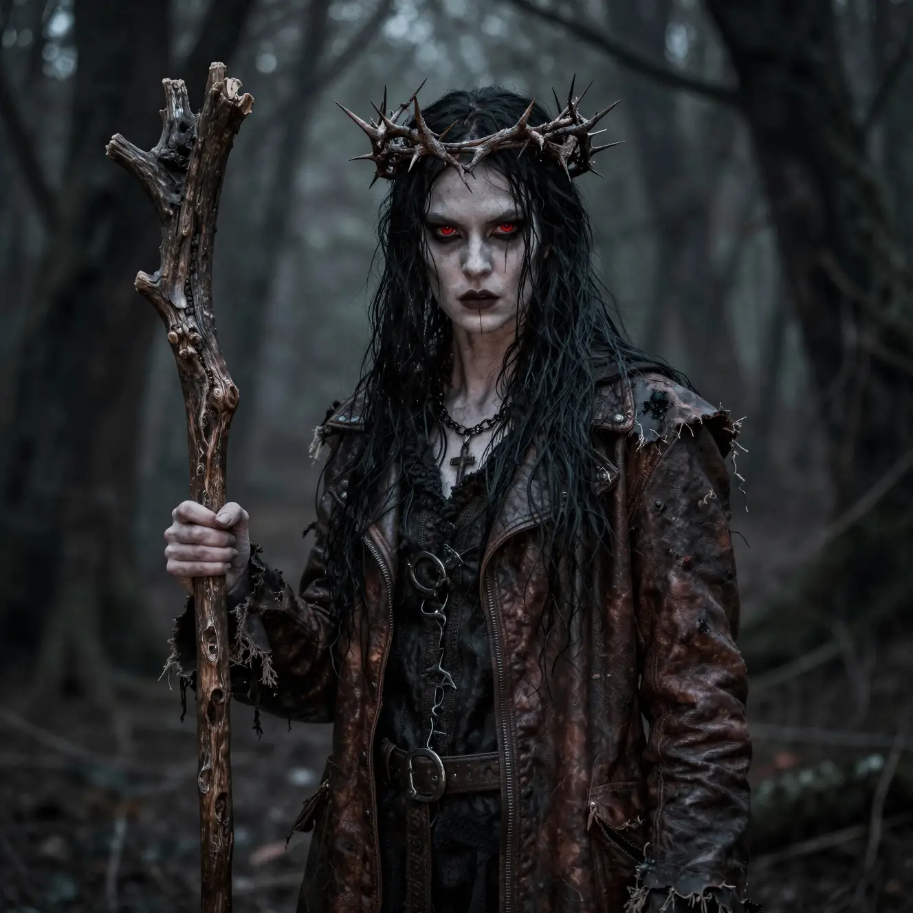 Dark druid woman in a cursed forest with staff