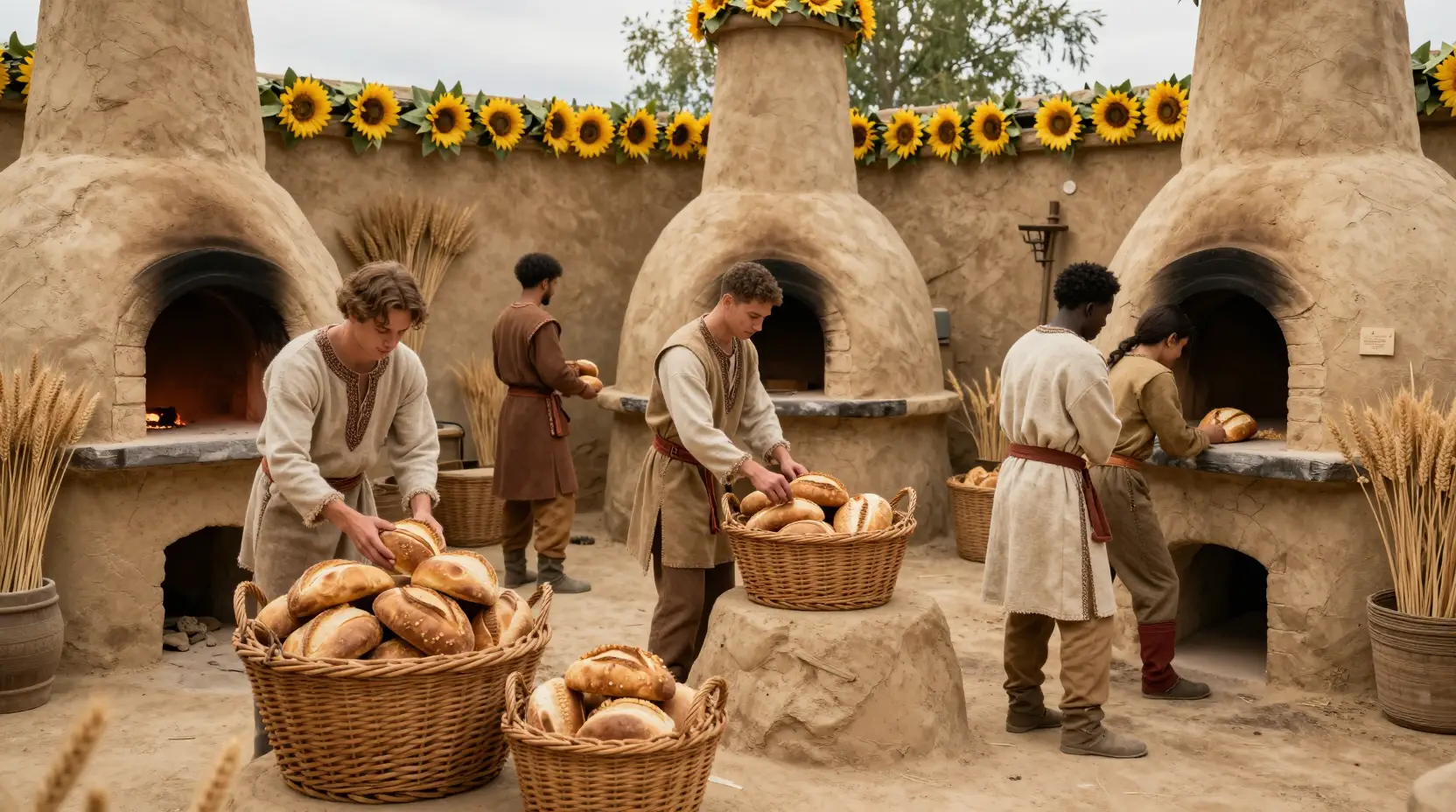 Young men baking bread in a rustic fantasy courtyard