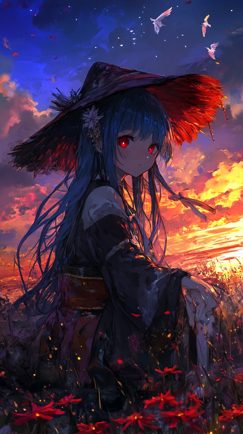 Sad anime girl falling before a glowing purple sky
