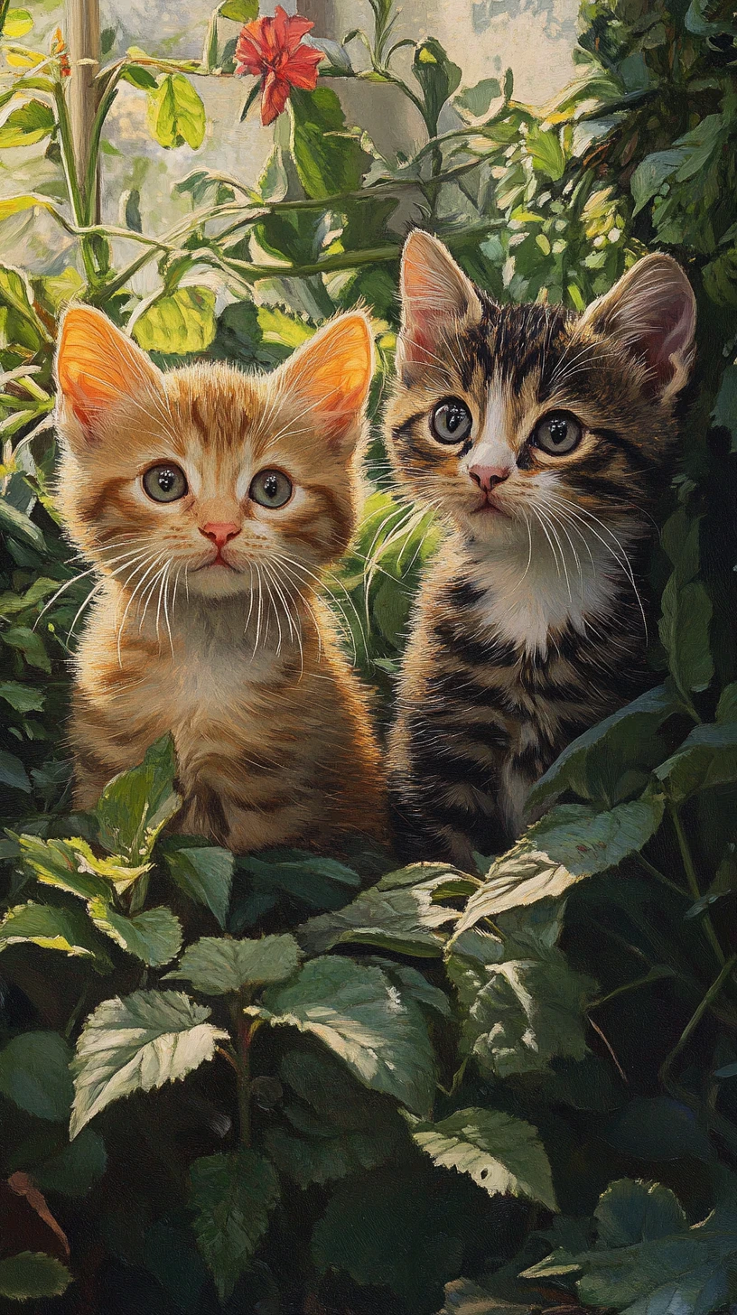 Dois gatos brincalhões explorando juntos um jardim ensolarado