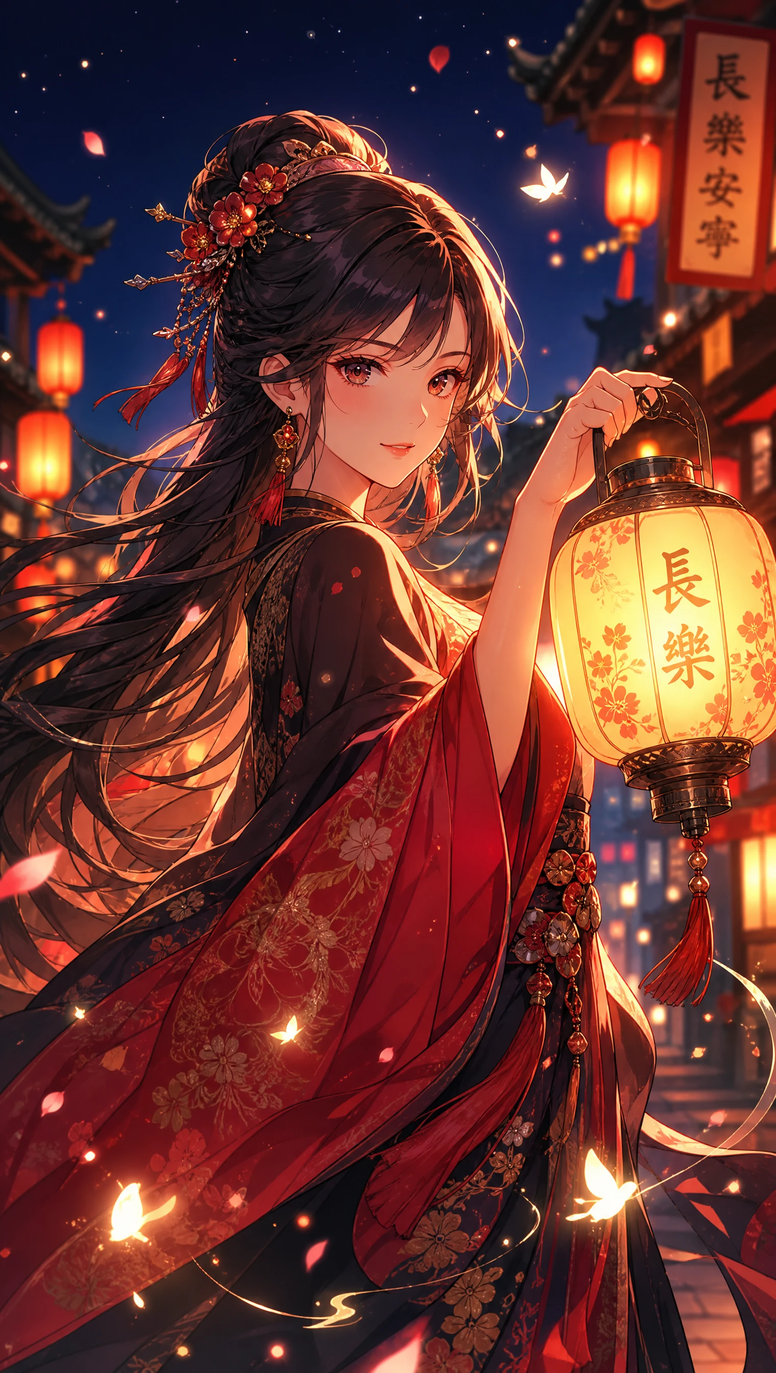 静かな夜の街路に立つ提灯を持つアニメ少女