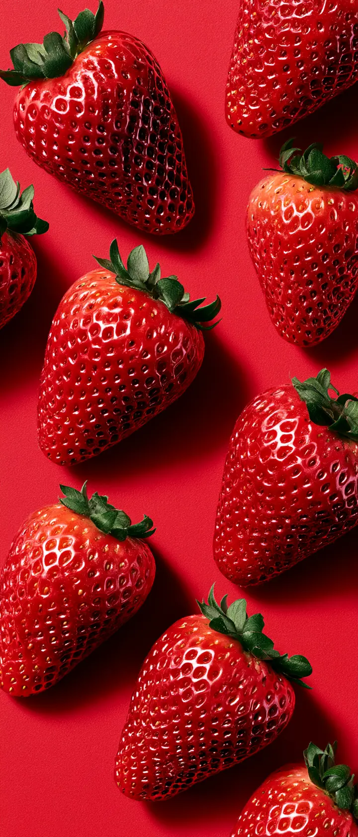 Ripe strawberries scattered on a bold red background