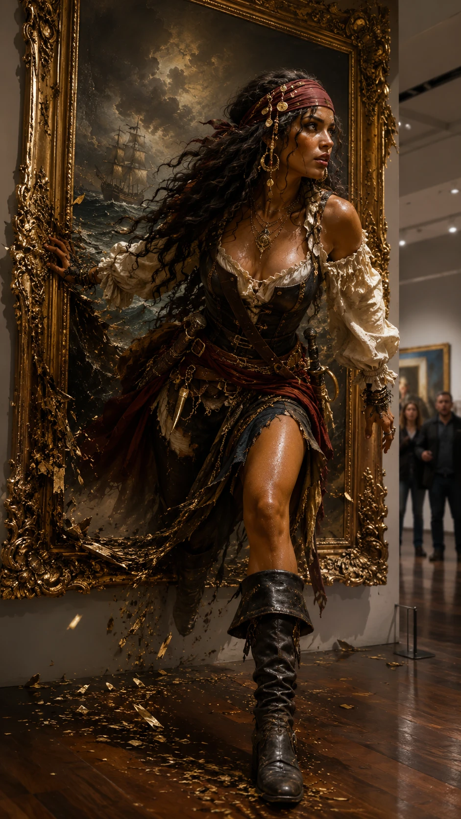 Caribbean pirate woman lunging from ornate baroque painting