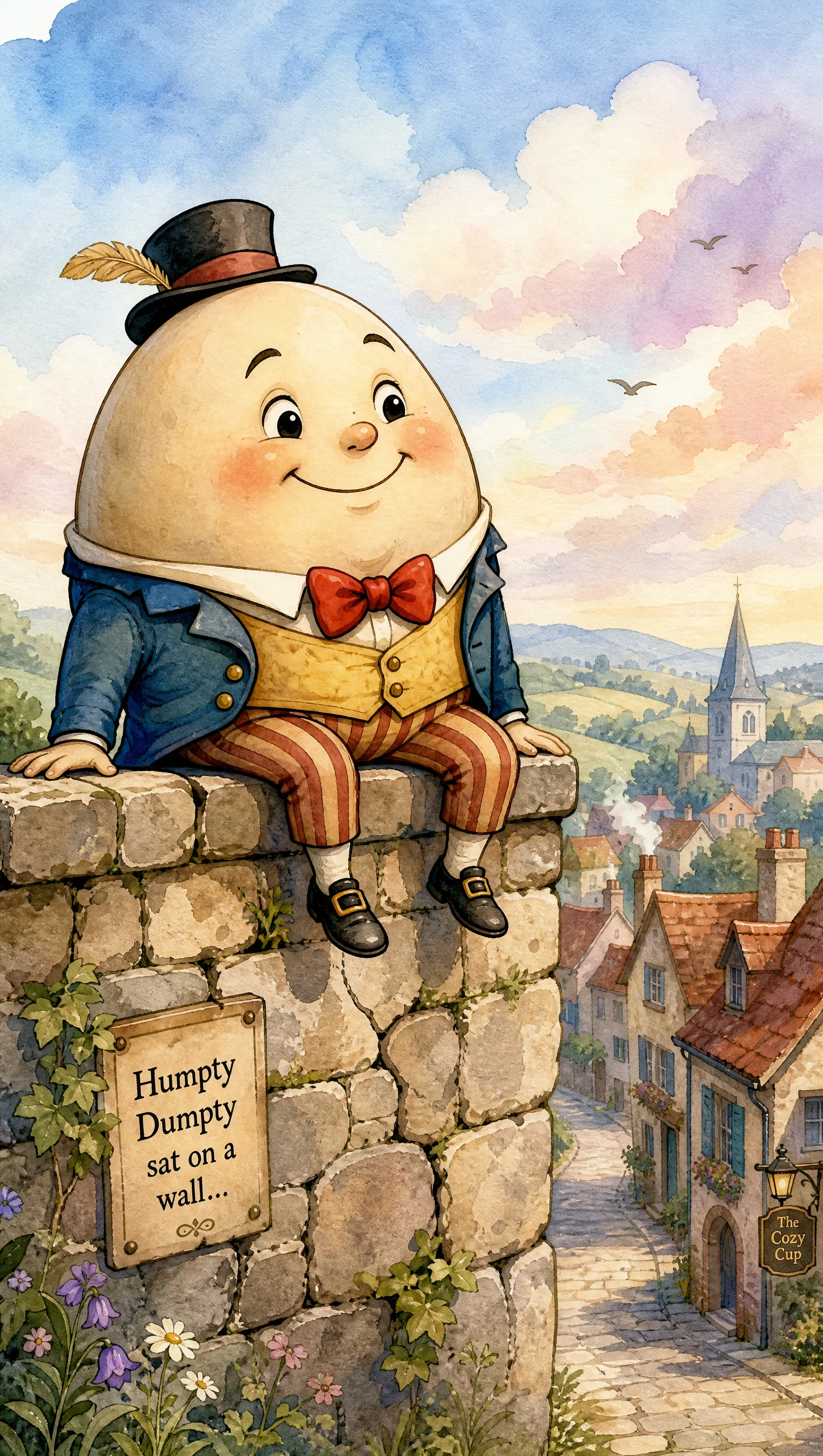 Humpty Dumpty auf einer Steinmauer über einem ruhigen Dorf