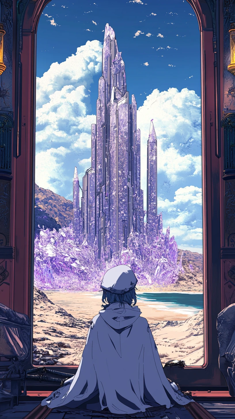 Torre fantástica de aço retorcido sob um céu roxo de tempestade