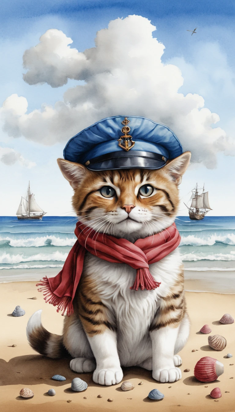 Adorable gatito marinero construyendo un castillo de arena en una playa soleada