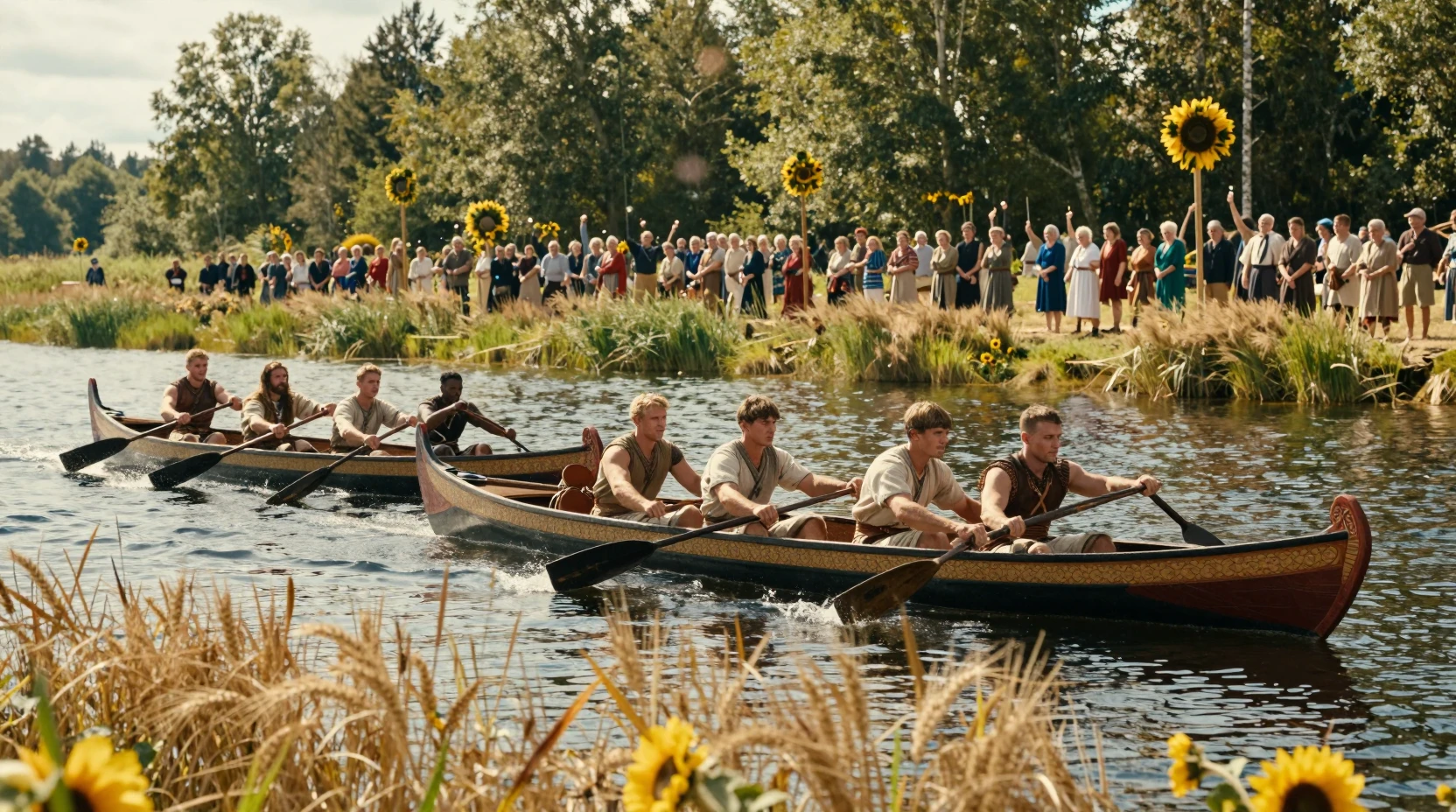 Fantastisches Kanurennen auf sonnigem See mit jubelnder Menge