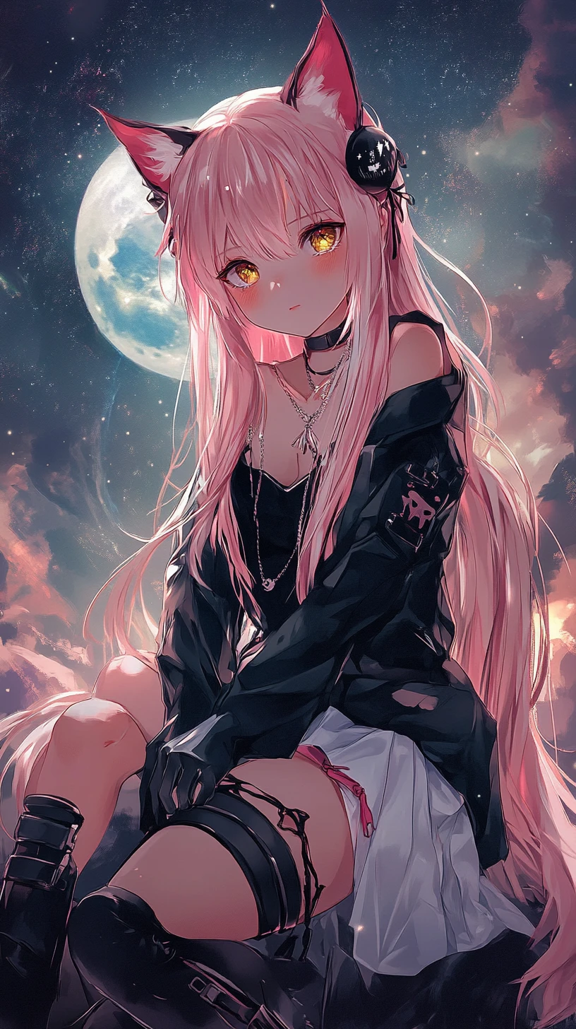 Ragazza anime che fluttua nello spazio con una luna distante