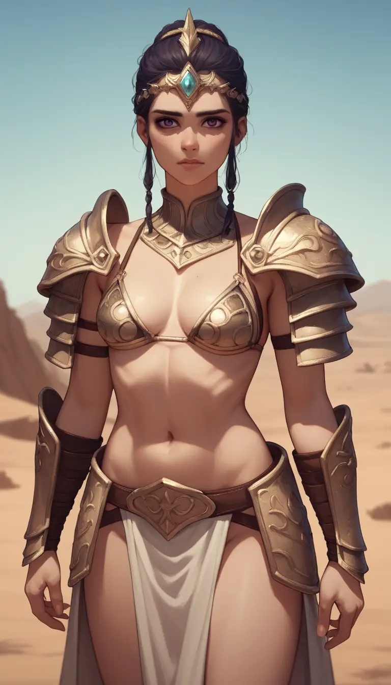 Principessa guerriera anime presso una tranquilla oasi nel deserto al crepuscolo