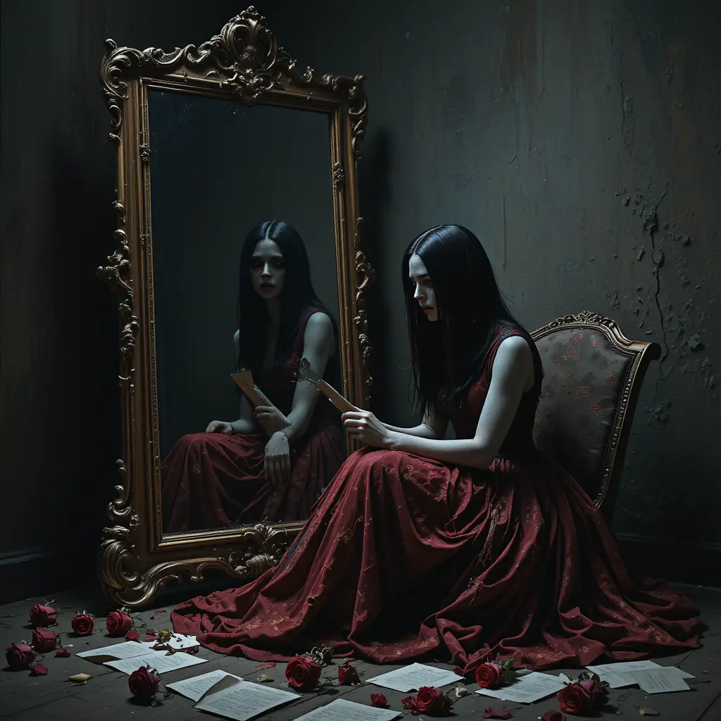 Femme en robe cramoisie face à un miroir doré hanté