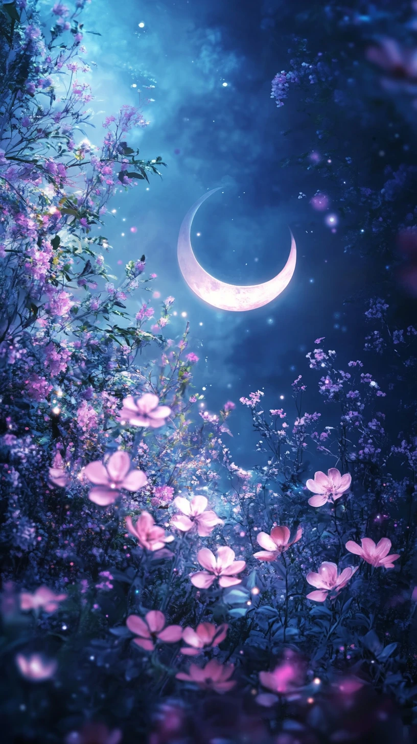 Jardim noturno fantástico com flores em tons pastéis brilhantes e luar