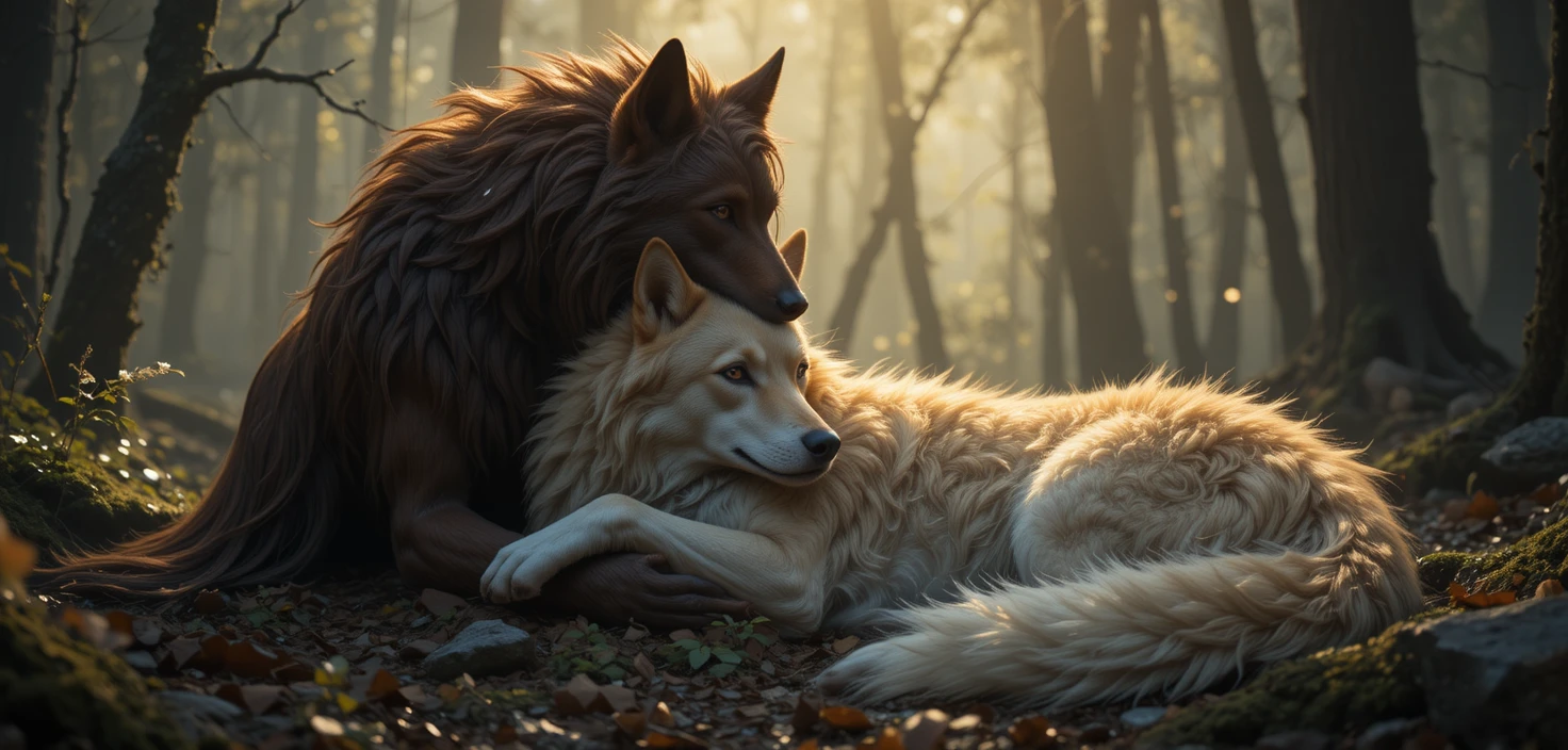 Dois lobos se aconchegando em uma floresta encantada e tranquila