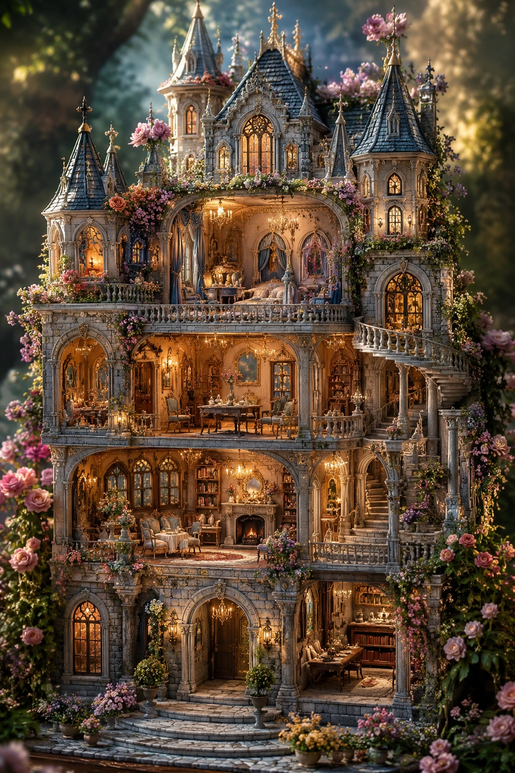 Casa de Bonecas em Forma de Castelo de Conto de Fadas com Detalhes Góticos