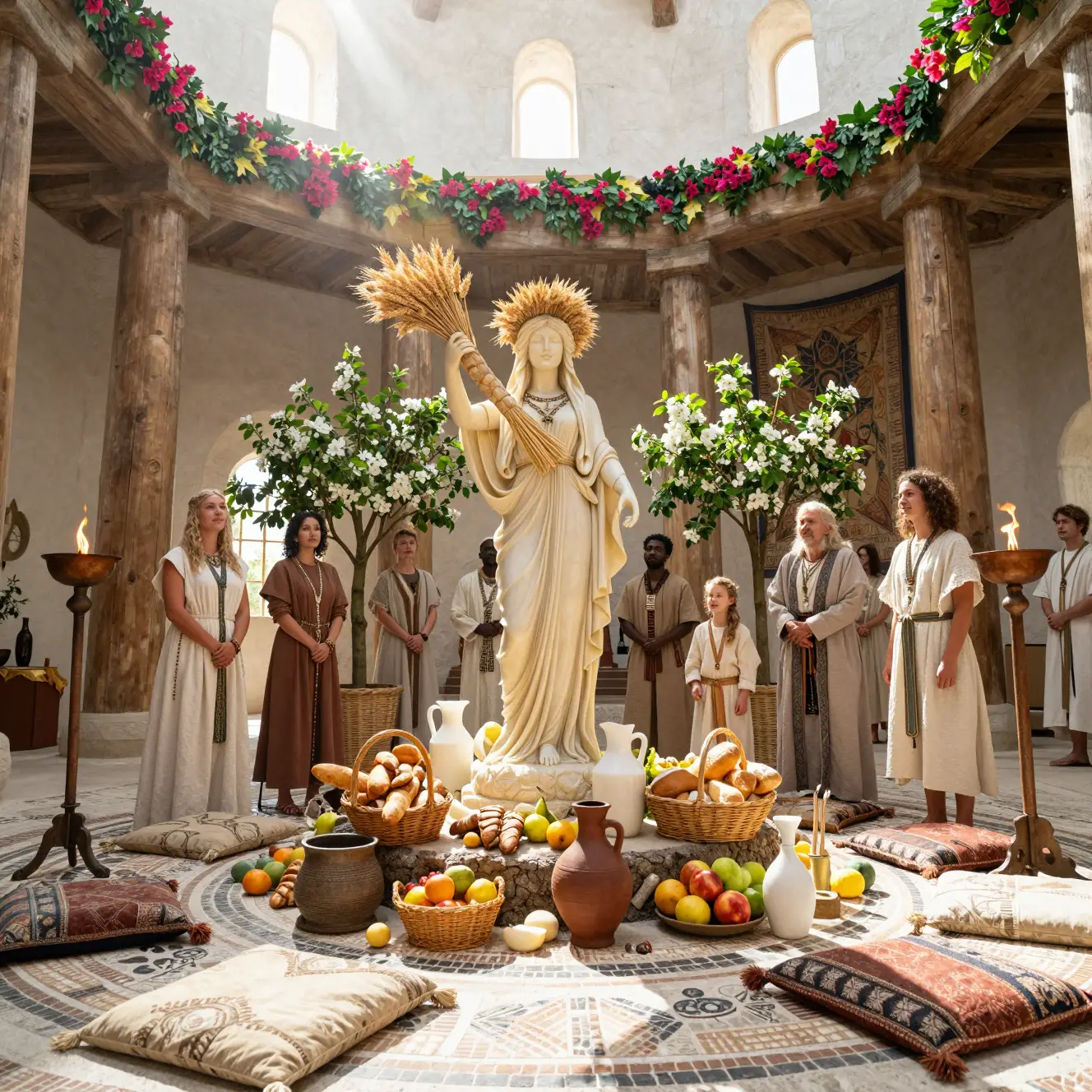 陽光灑落神殿中向女神雕像致敬的多元人群