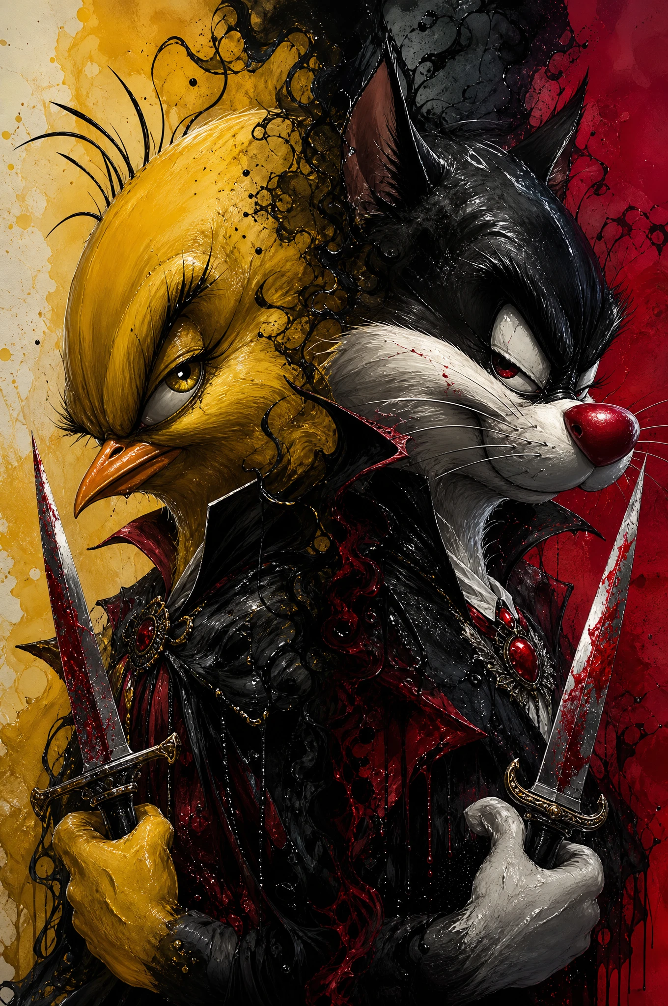 Double portrait de vampires façon cartoon sous un éclairage dramatique aux tons joyaux