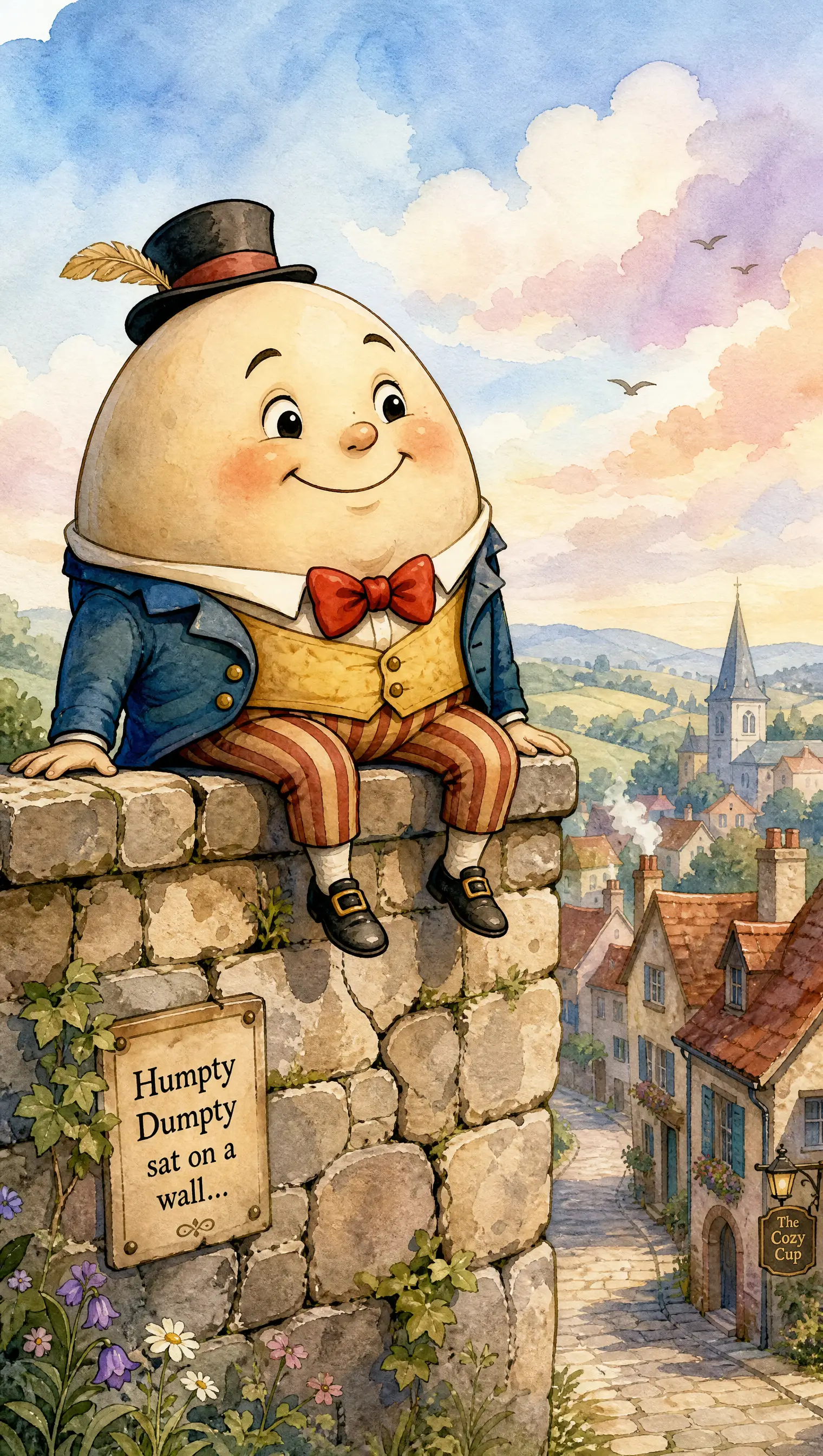 Humpty Dumpty on a stone wall above a quiet village