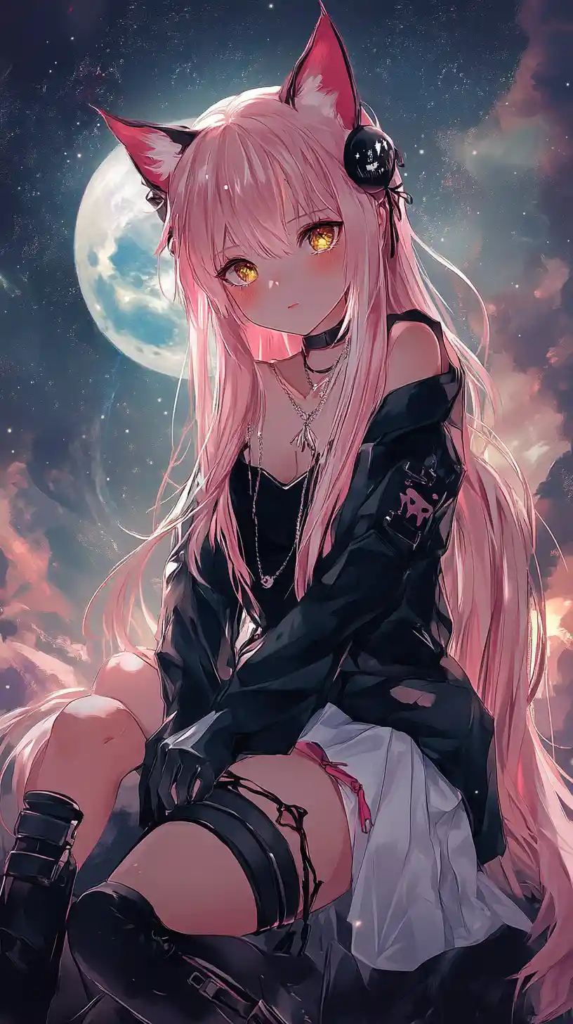 Garota de anime flutuando no espaço com uma lua distante