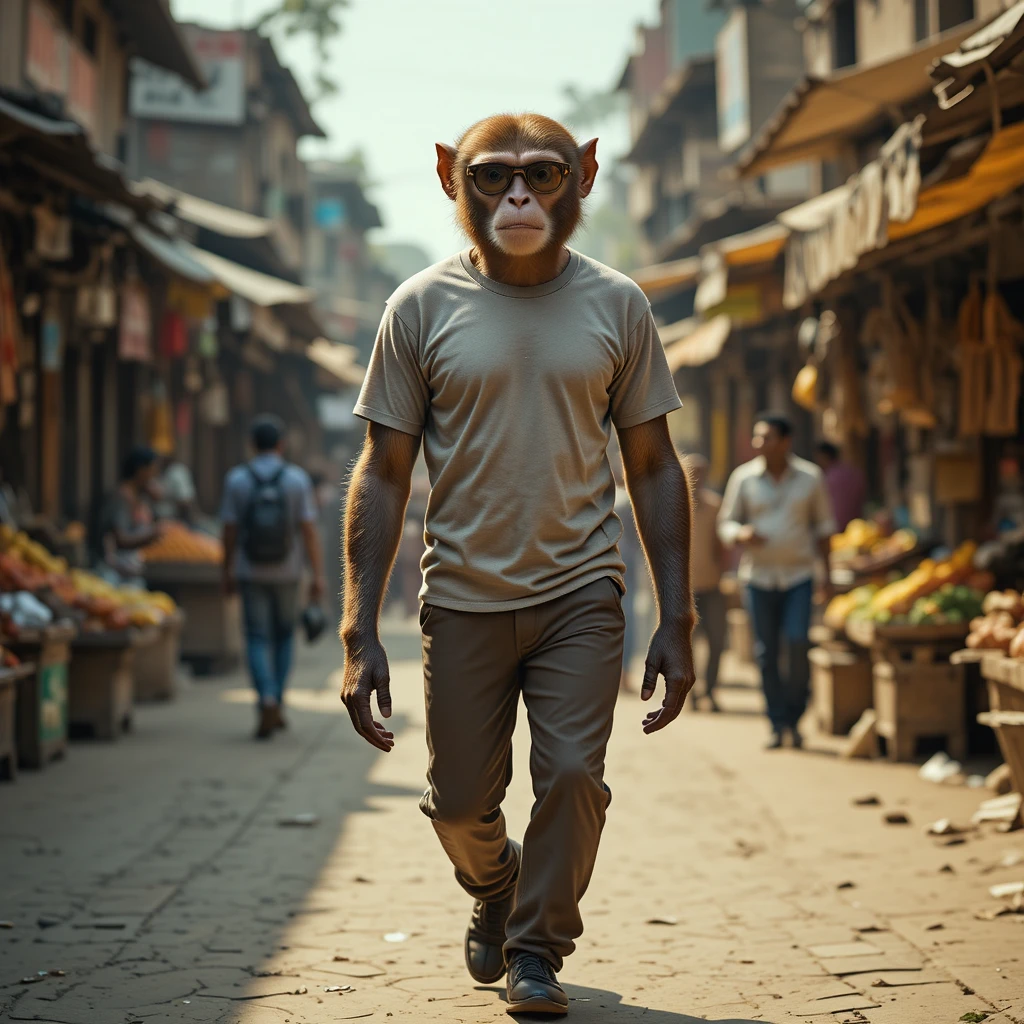 Macaco de óculos de sol caminhando por mercado indiano movimentado