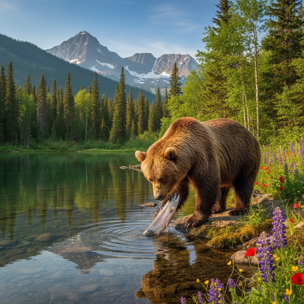 Brown bear fishing at the edge of a tranquil lake