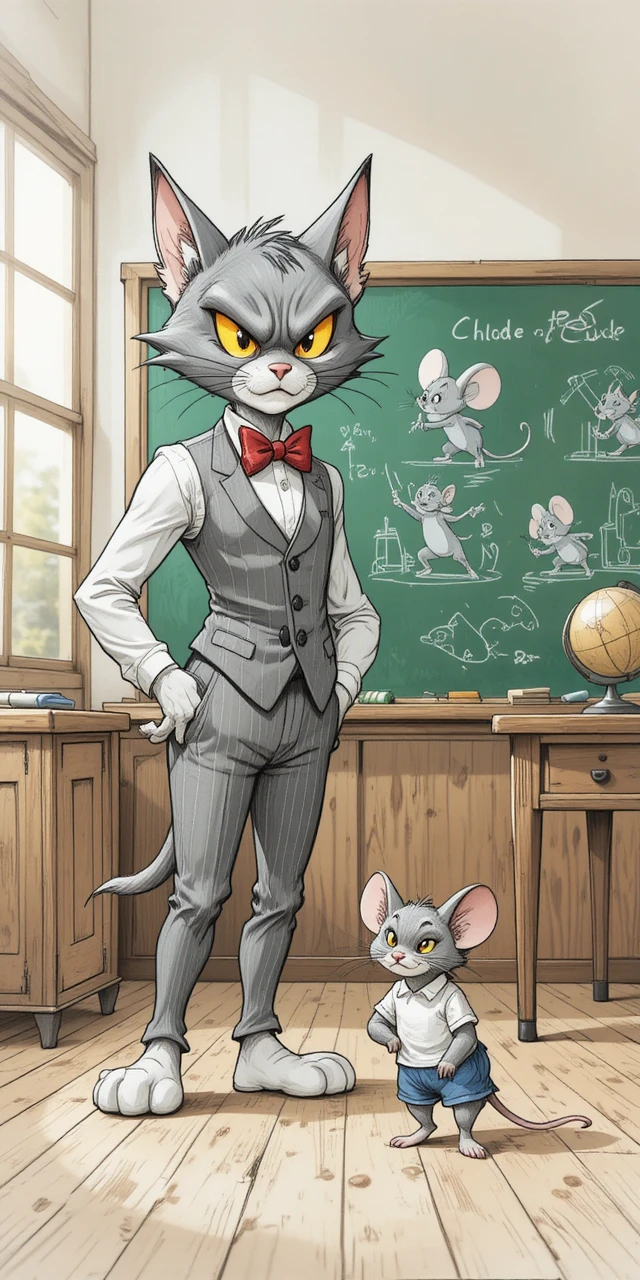 Gato carrancudo de desenho animado dando bronca em um rato triste na sala de aula