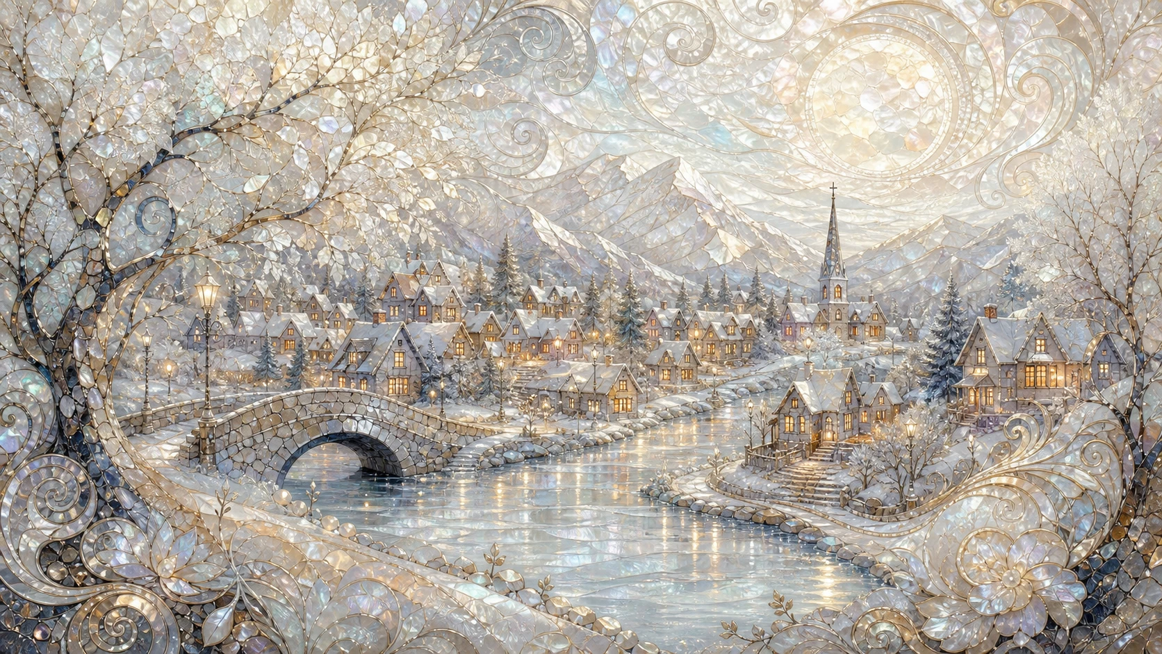 Enchanting winter village with glowing houses and soft patterns
