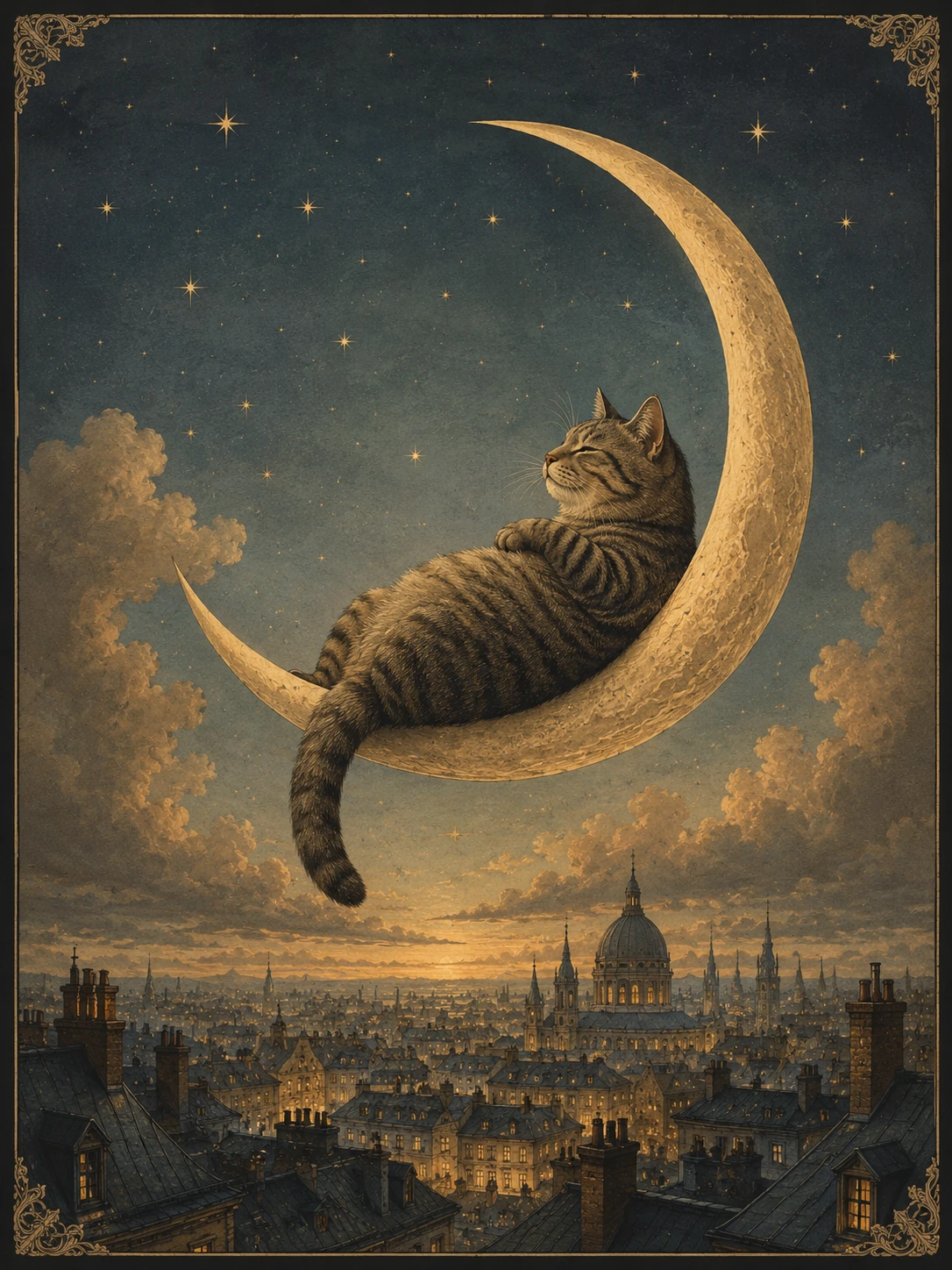 Chat de fantaisie tigré reposant sur un croissant de lune