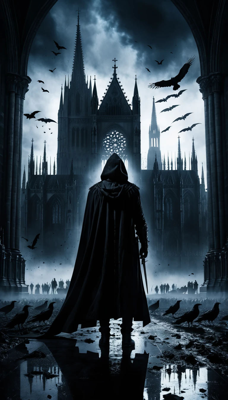 Hooded figure before glowing gothic cathedral with ravens