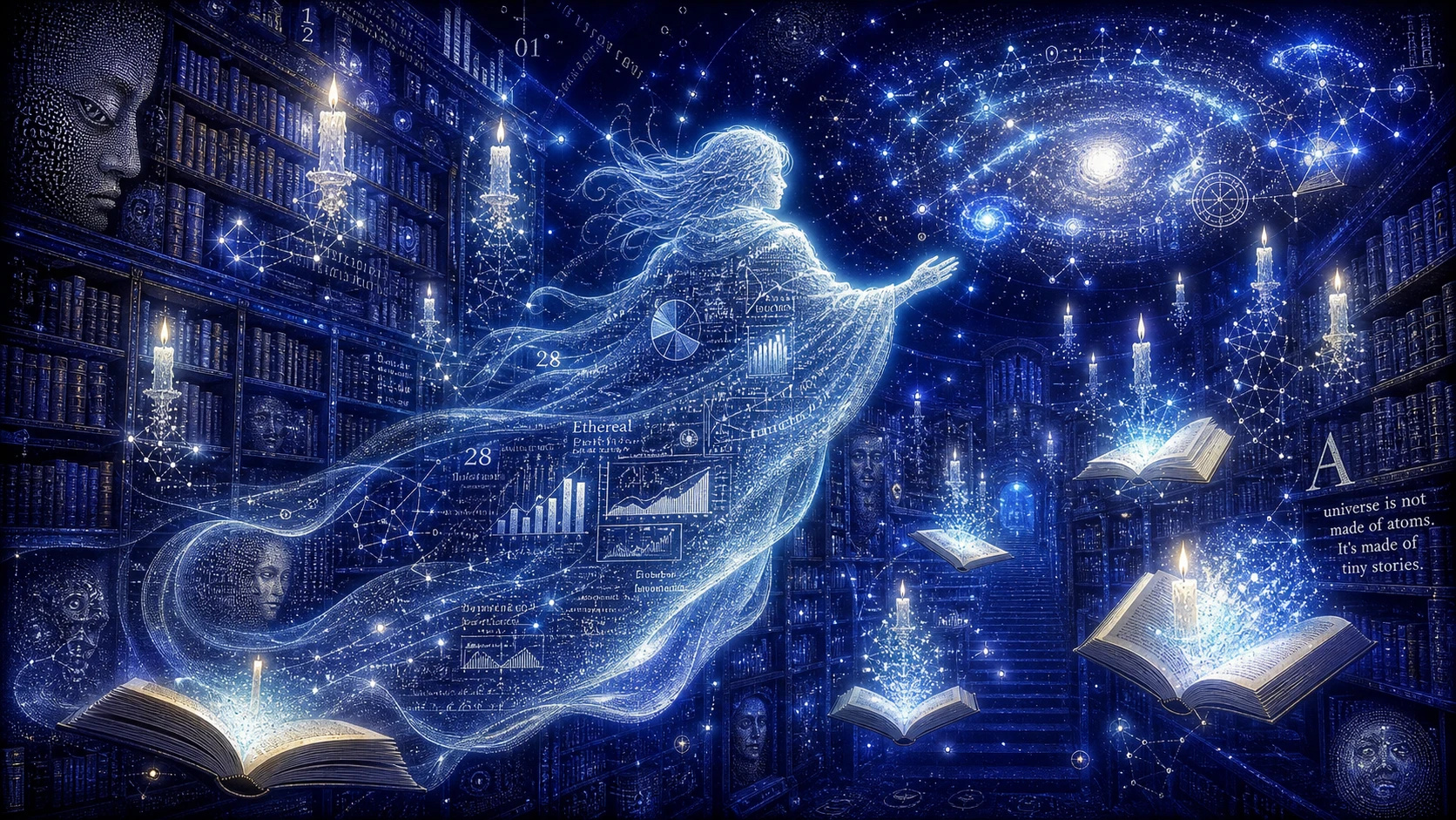 Fantasma translúcido de dados vagando por uma biblioteca celestial infinita