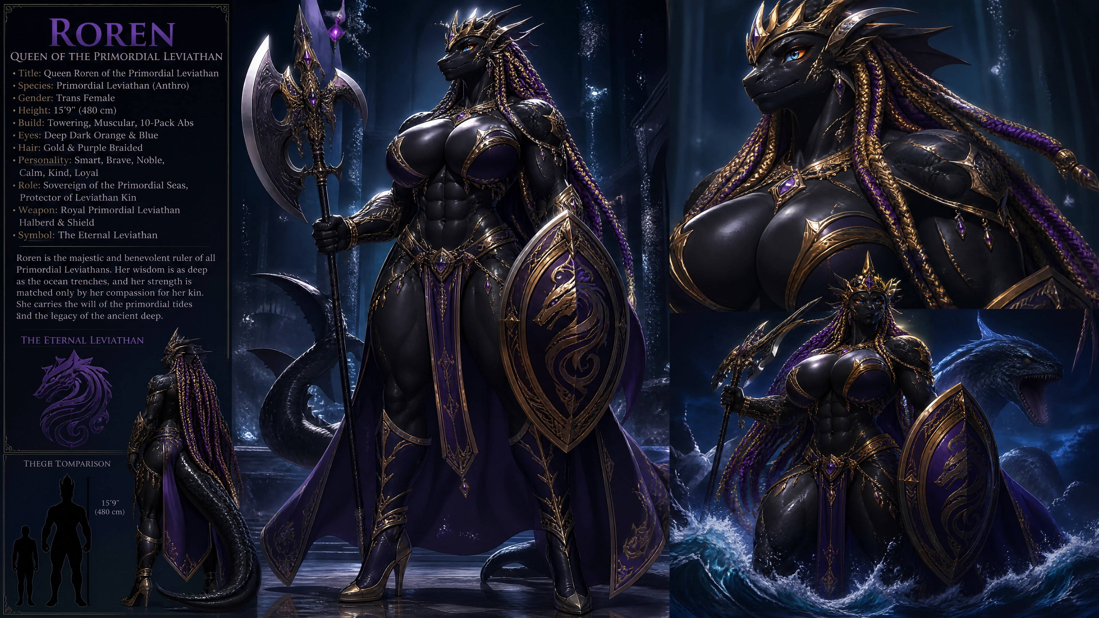 Tall regal leviathan queen with braided gold purple hair