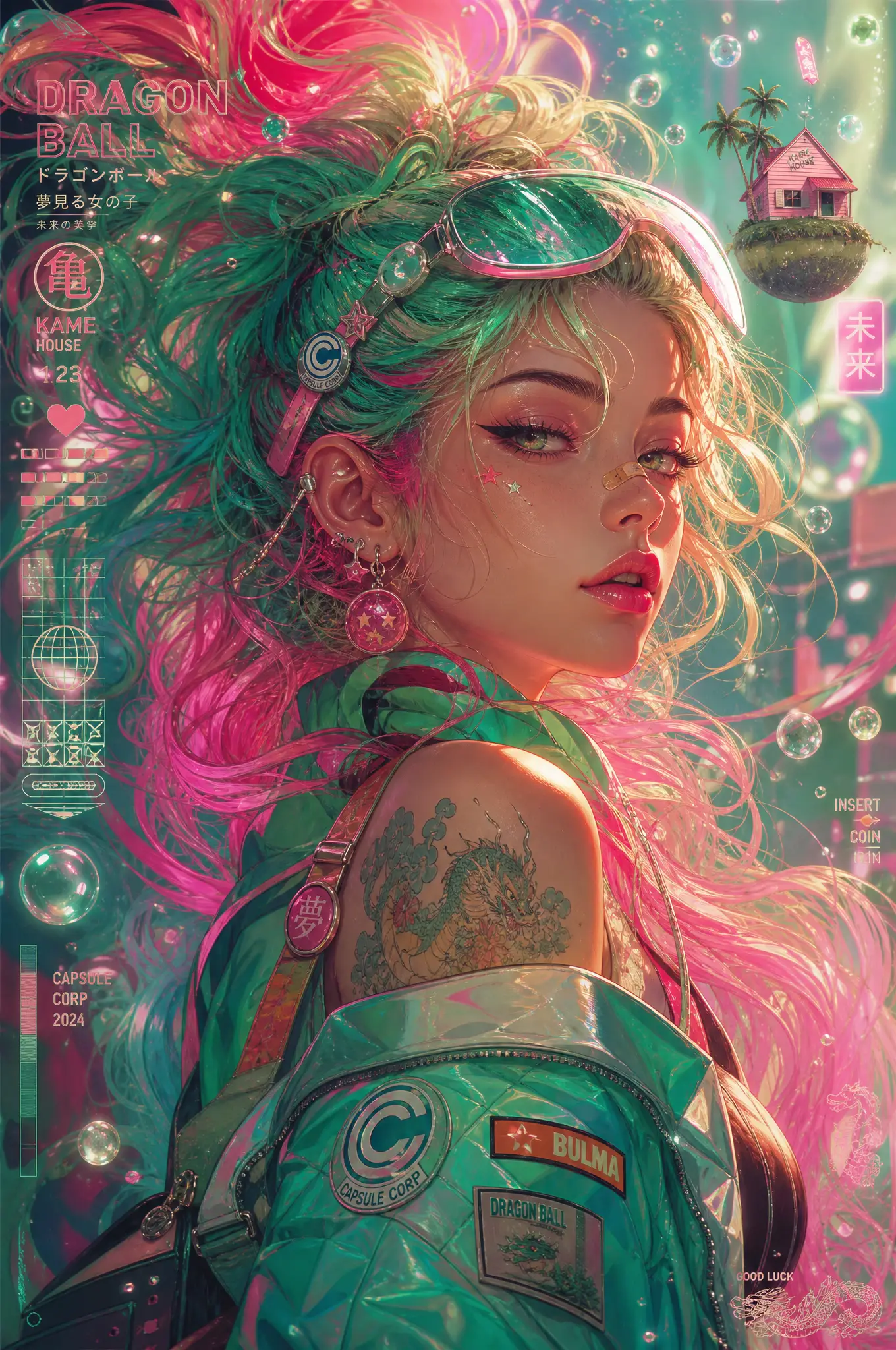多彩奇幻髮色的賽博龐克女性肖像