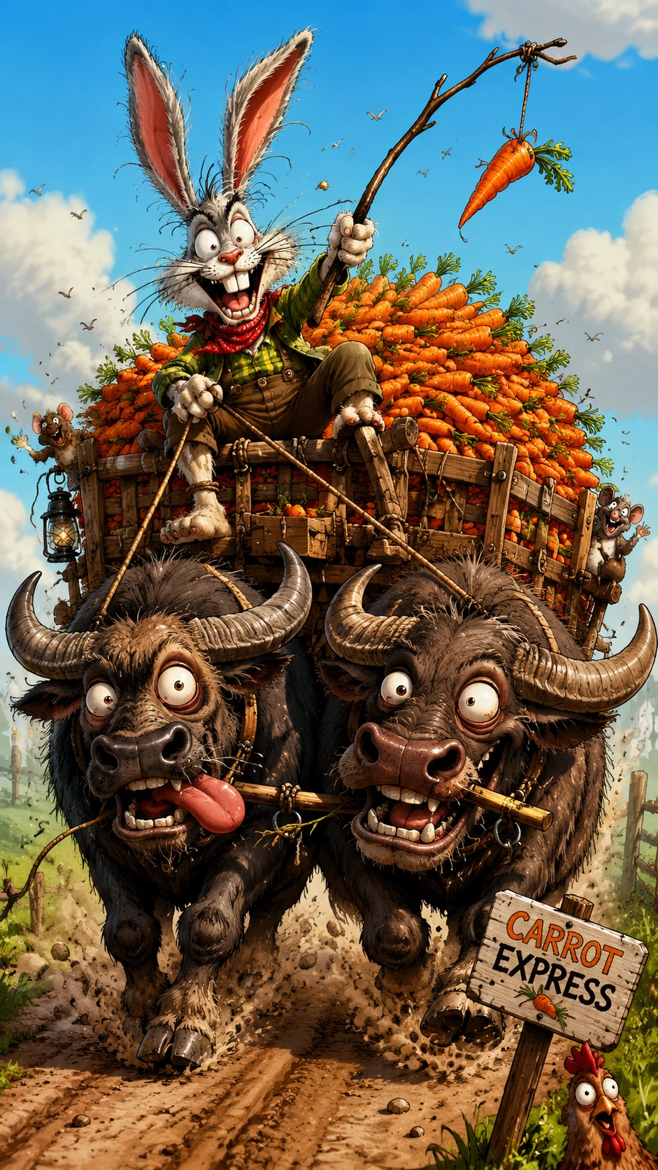 Coelho antropomórfico cavalgando caminhão de gado puxado por búfalos