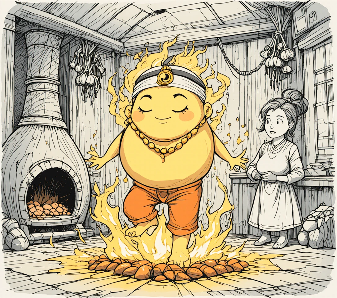 Whimsical cartoon monk walking on glowing hot coals