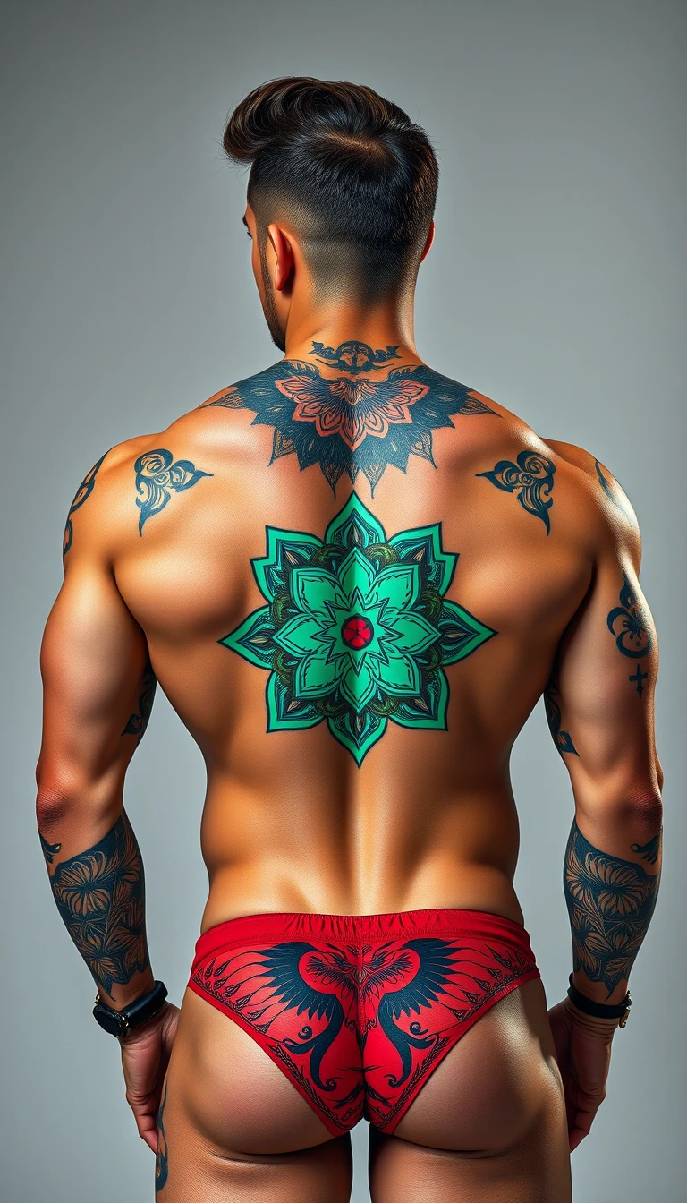 Hombre musculoso y tatuado en tanga posando de espaldas