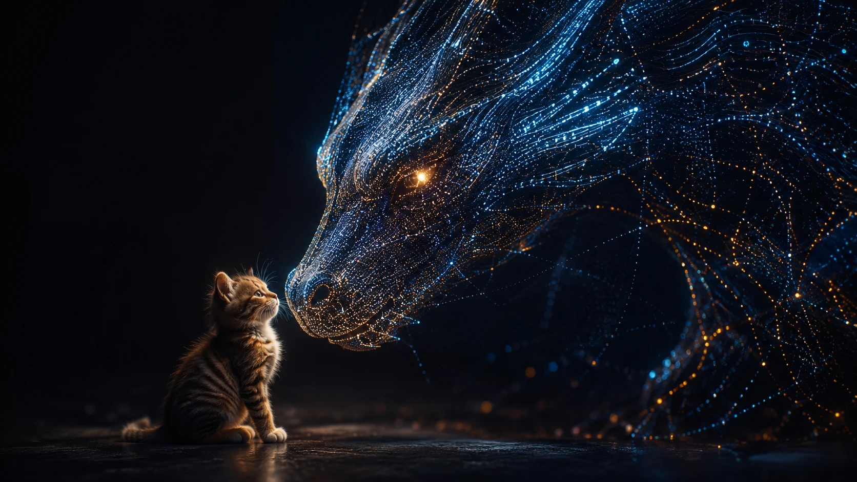 Dragão digital encarando um minúsculo gatinho em luz dramática