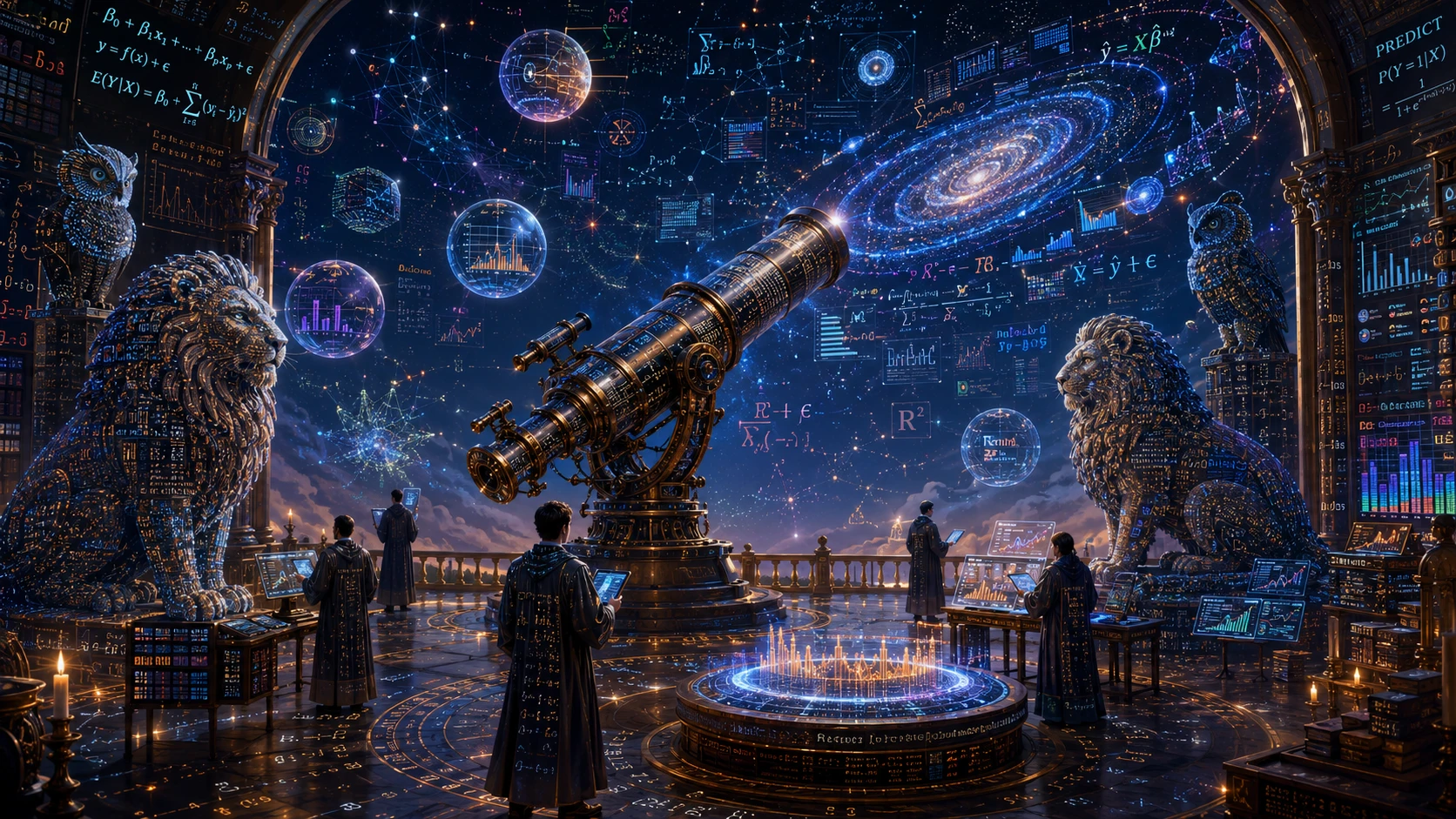 Astronomi in un osservatorio colmo di dati celesti