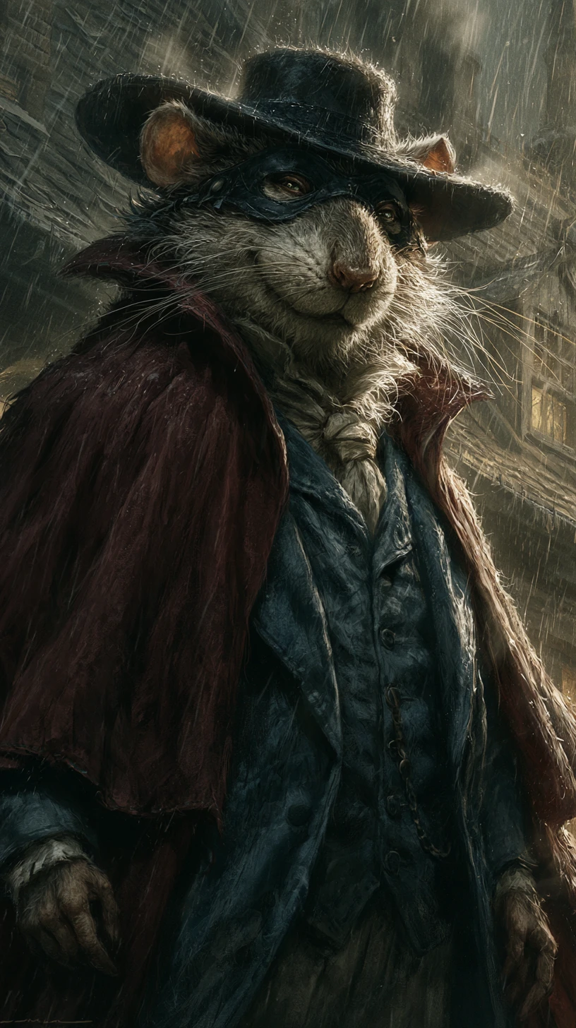Rat justicier anthropomorphe sur un toit de ville noir sous la pluie