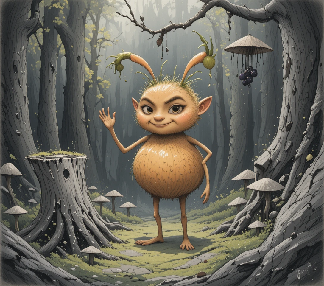 Giocosa creatura arancione del bosco in una foresta incantata
