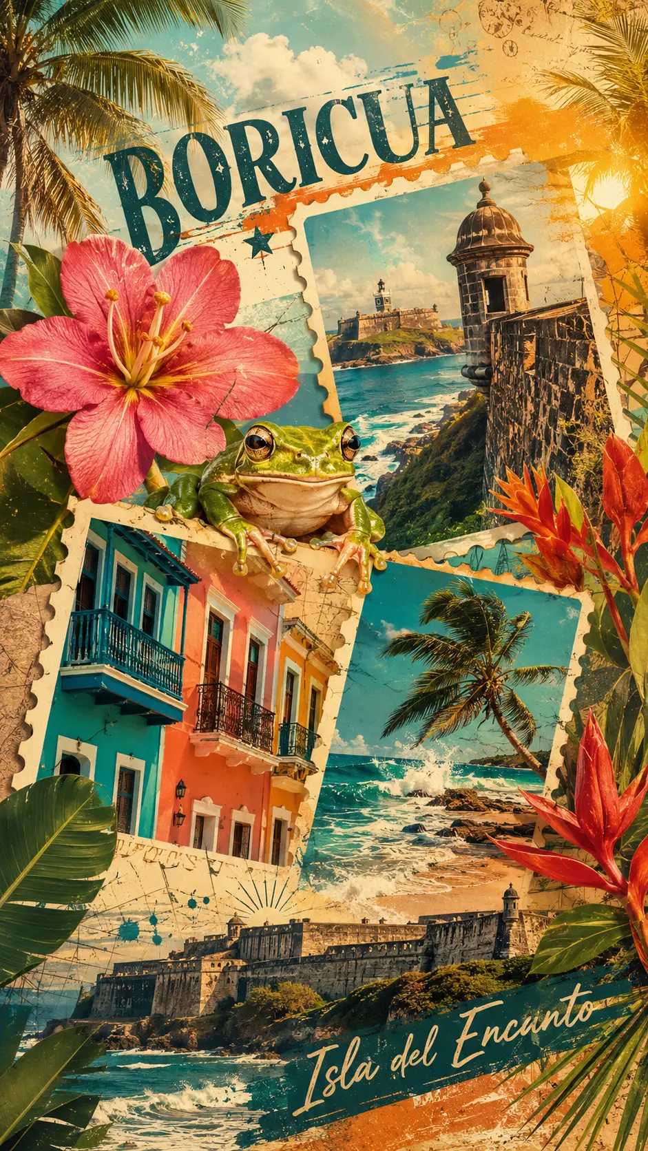 Vintage Boricua Tropen-Collage mit Briefmarken und karibischen Symbolen
