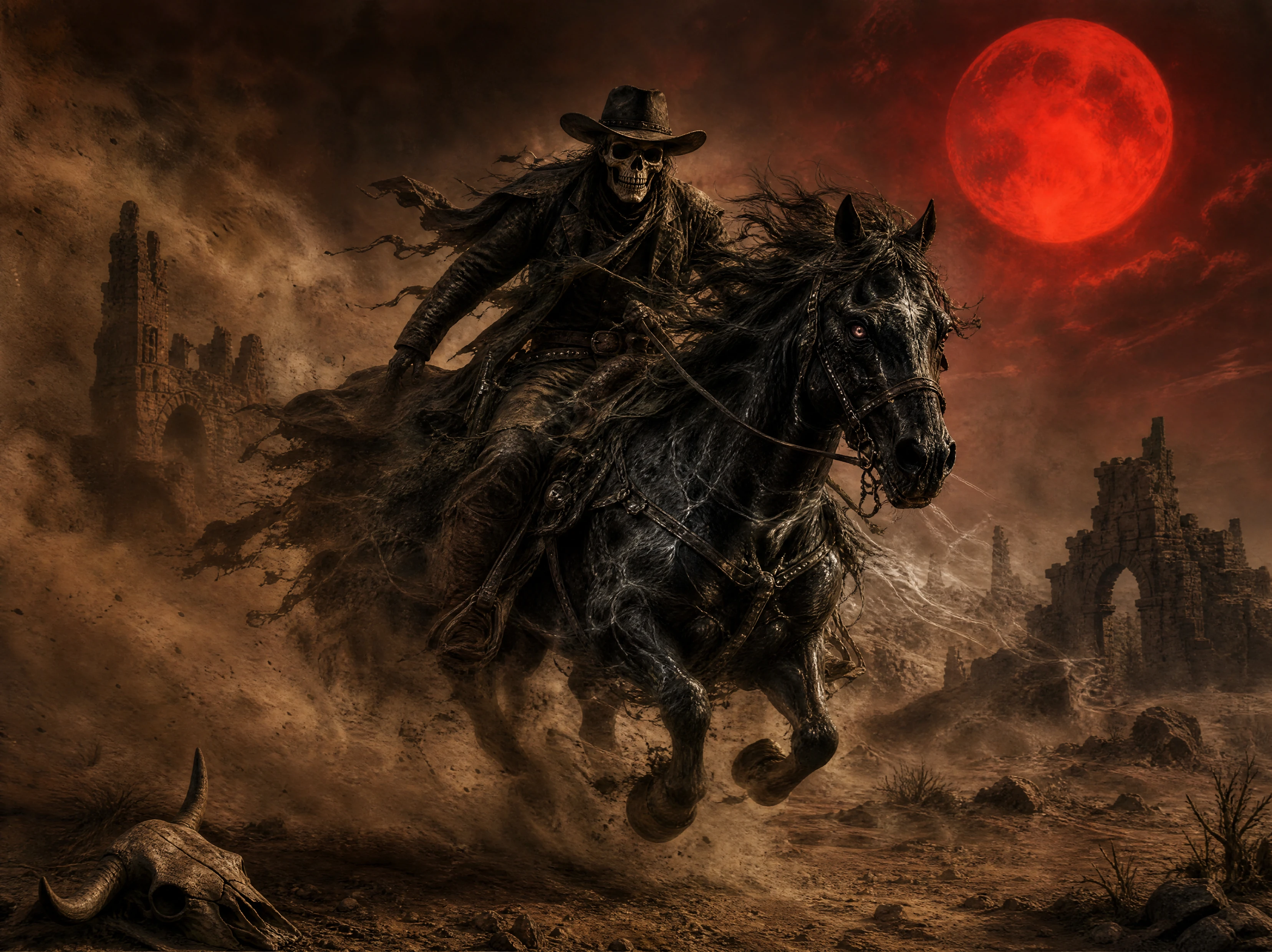 Cowboy esquelético correndo pelo deserto sob a lua vermelha sangrenta