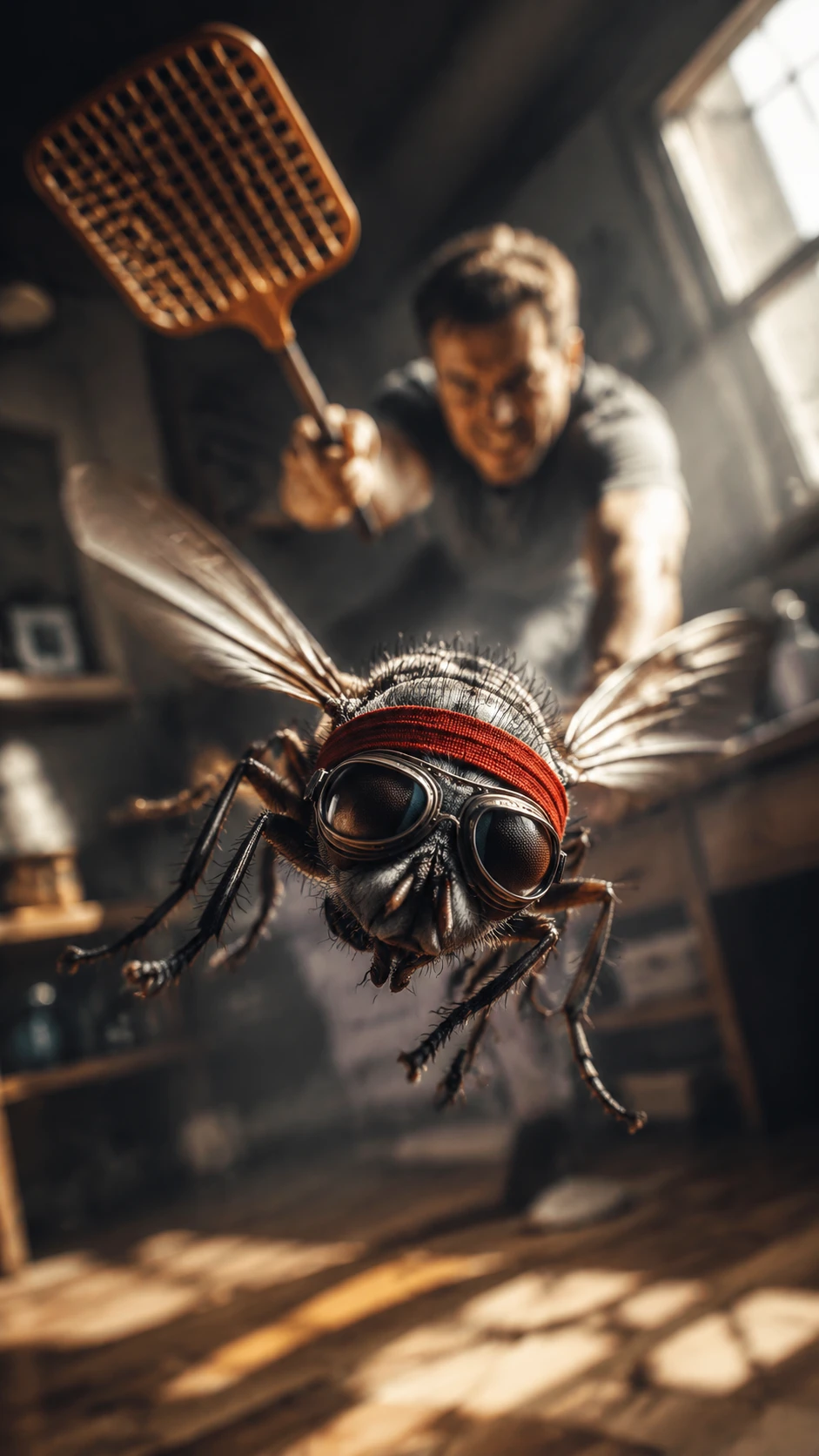Primer plano cinematográfico de una mosca doméstica volando con gafas