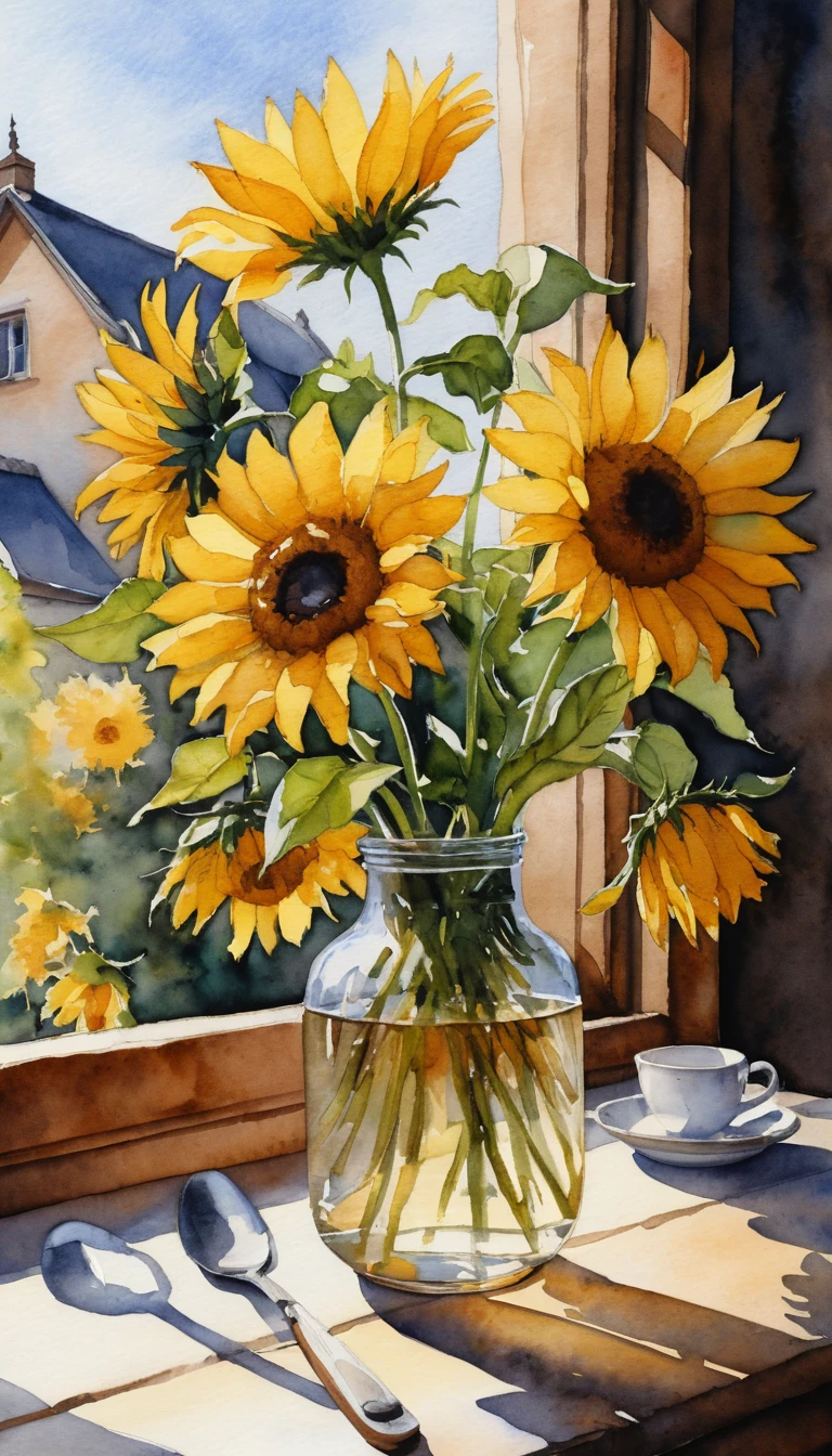 Watercolor sunflowers in a simple vase on wooden table