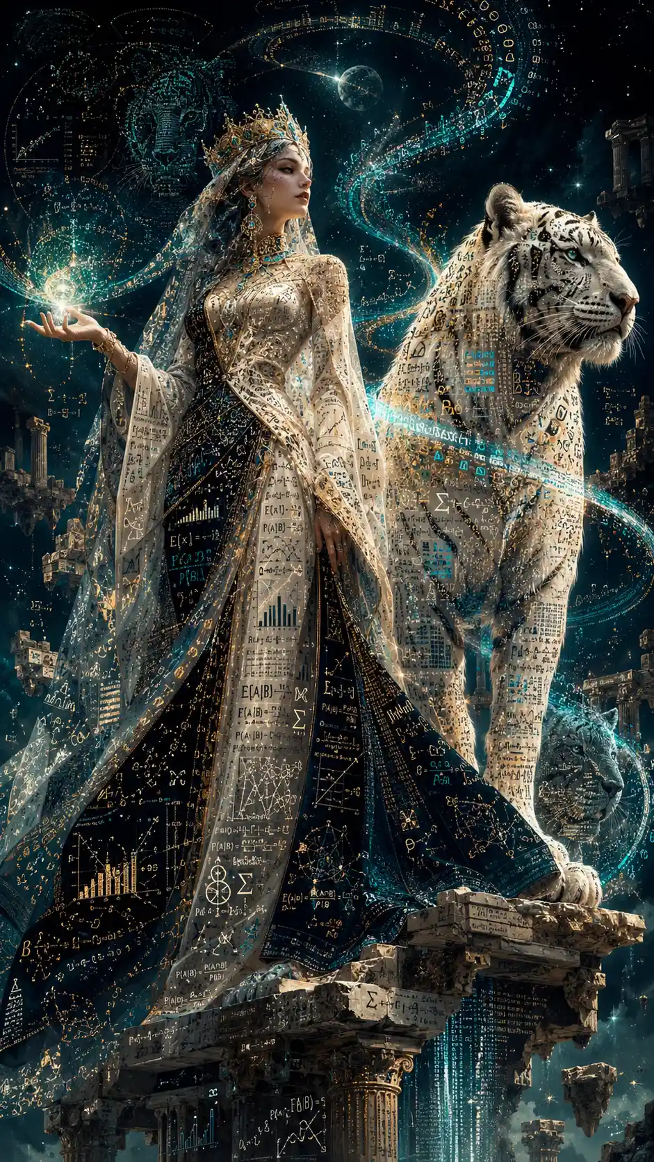 Sorceress And White Tiger On Floating Marble Ruins