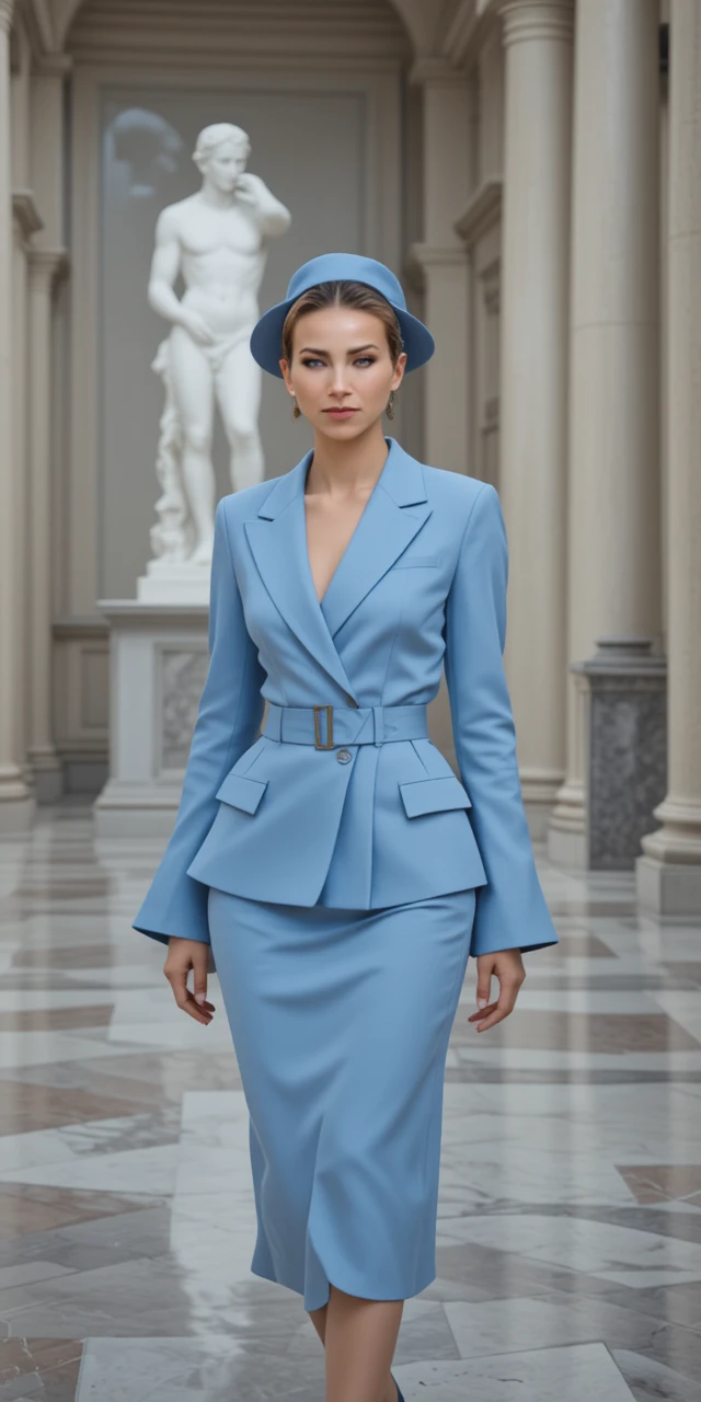 Femme élégante en tailleur bleu marchant dans une grande galerie