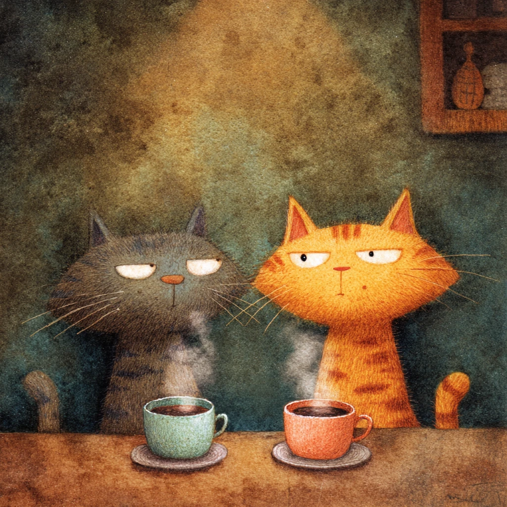 Momento romantico di caffè tra un gatto tigrato grigio e uno rosso